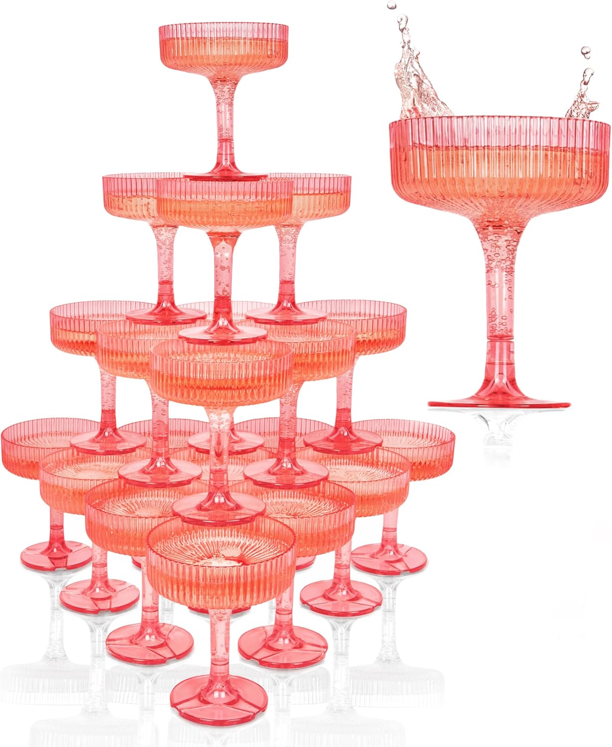ACRYLIC Champagne Tower - 7oz. Set of 20 Pink Champagne Flutes - Vintage Art Deco Style for Birthdays & Parties - Hosting Essentials - Pink