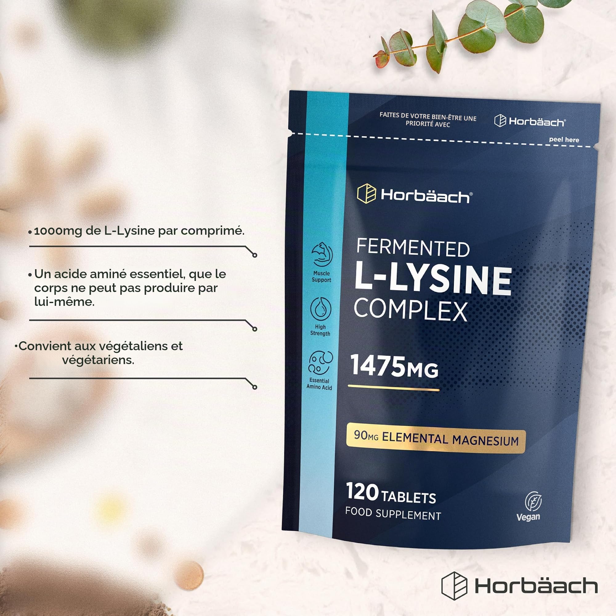 L-Lysine 1475mg par Dosé Journalière - Acide Aminé | 120 Comprimès Vegan | Complément Alimentaire Hautement Dosé | par Horbaach