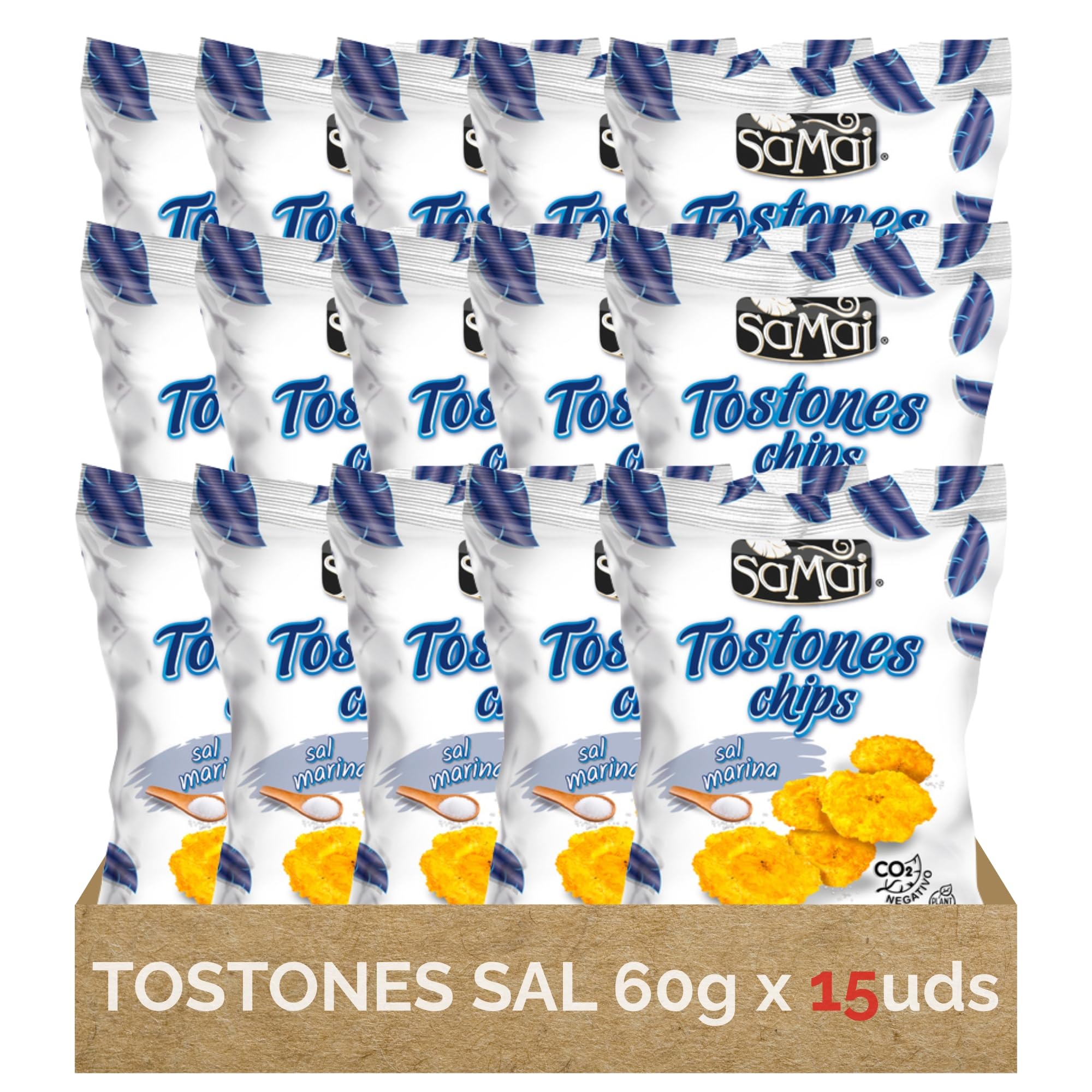 Tostones SAMAI Chips de Plátano con Sal Marina - Pack 15 Bolsas x 60g (900g Total) - Snack Natural Sin Gluten - Patacones Crujientes - Aceite de Palma Sostenible