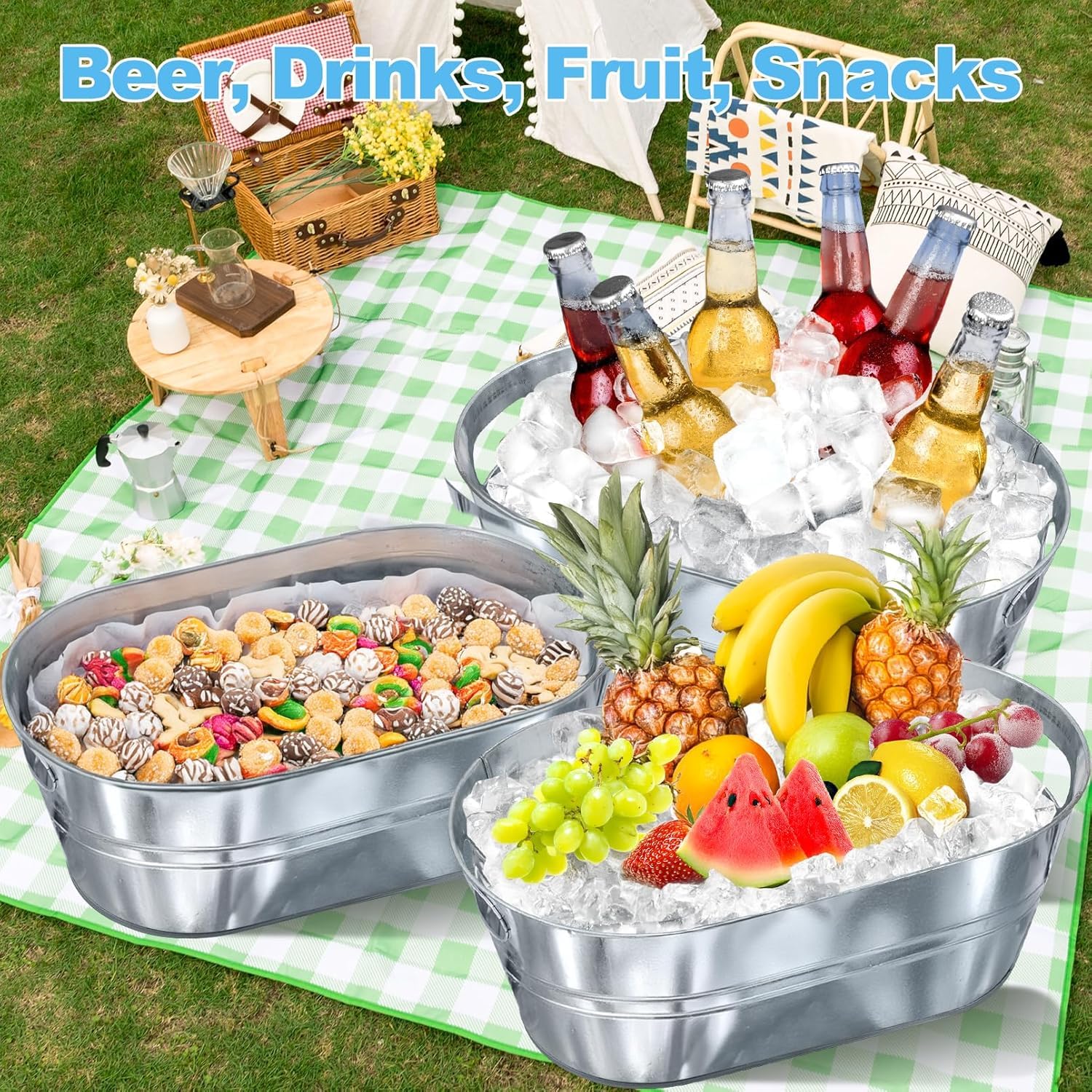 4 Gallon Galvanized Tub With Carry Handles,4 PCS Ice Buckets For