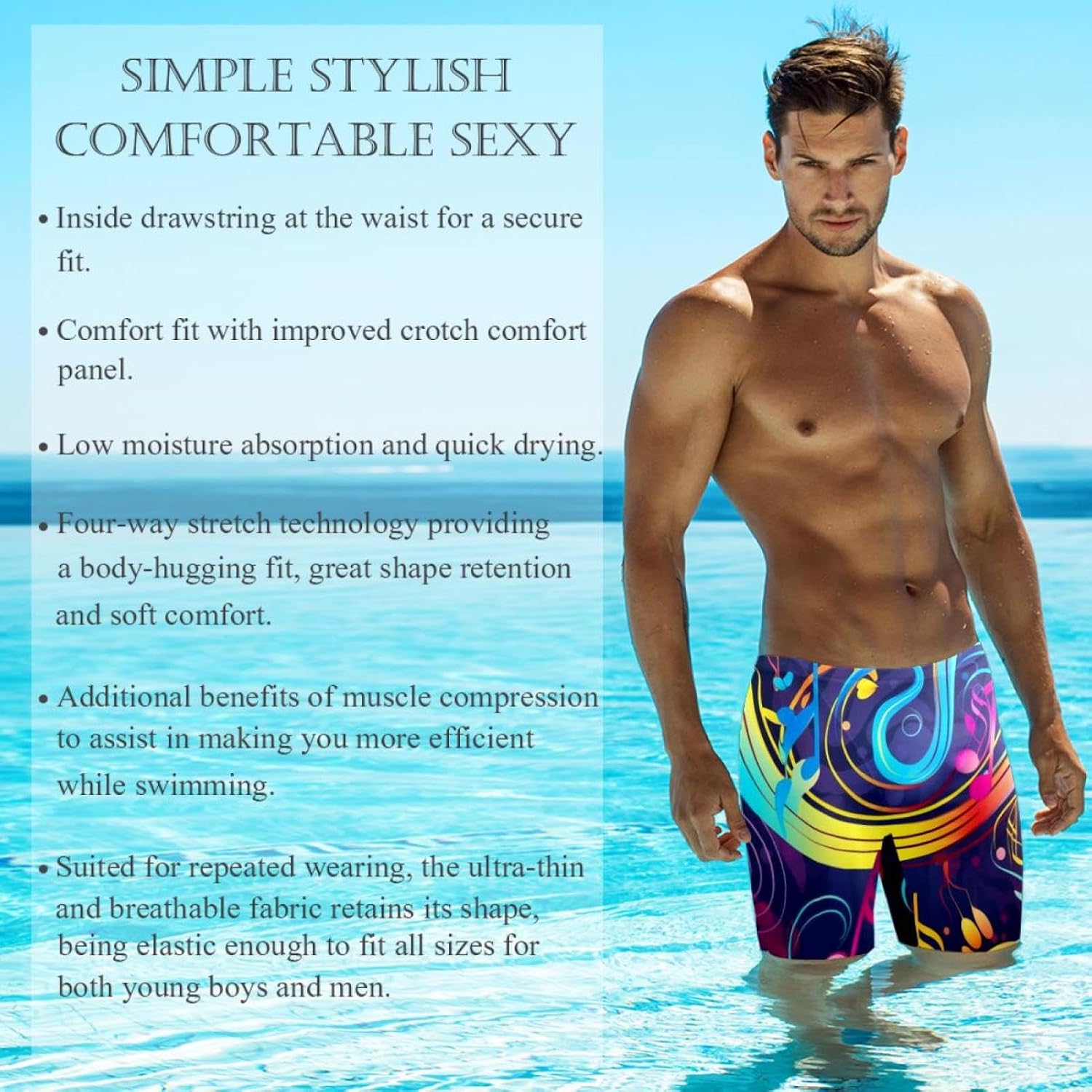 Colorful Music Notes Men's Swim Jammers for Training, Swim Shorts for Boy Dry Quick Youth Boys Jammer Swimwear