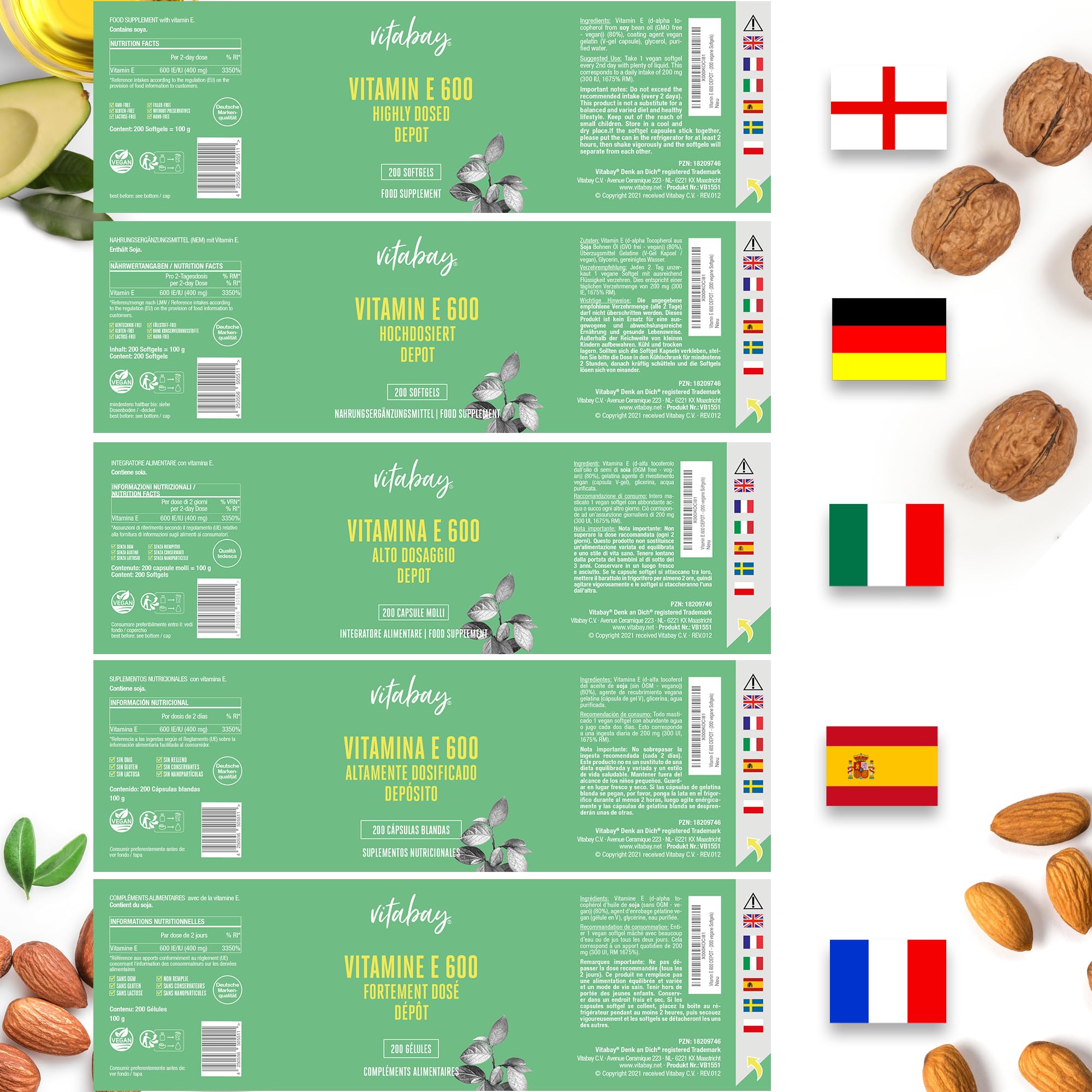 Vitabay Vitamina E 600 UI Depot - 200 softgel vegane - D-alfa-tocoferolo - alto dosaggio - contribuisce alla protezione delle cellule dallo stress ossidativo - testato in laboratorio - 12 mesi