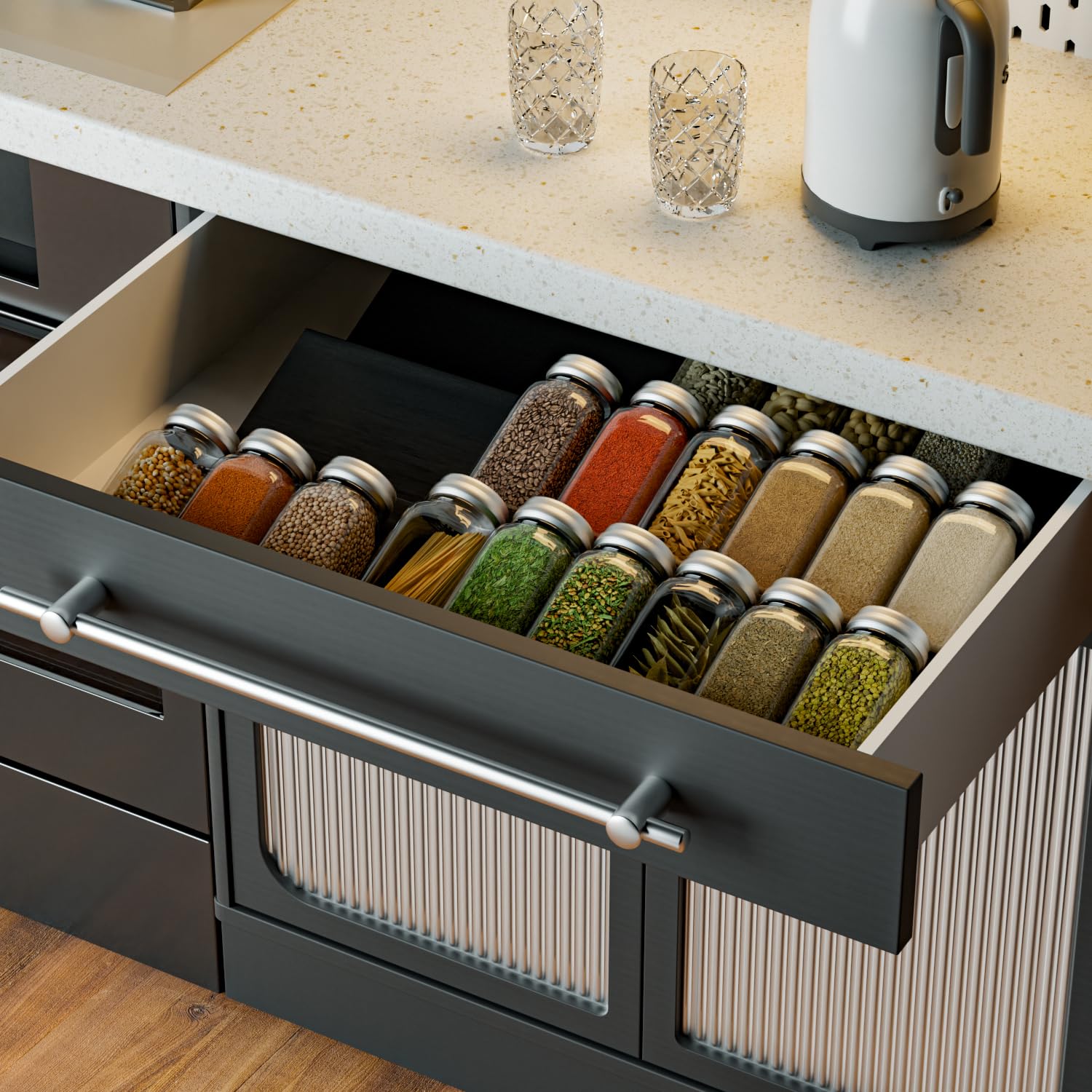Lot de 8 étagères à épices de tiroir - Système de rangement extensible de 30 cm à 60 cm - Pour cuisine, armoire, plan de travail - Noir