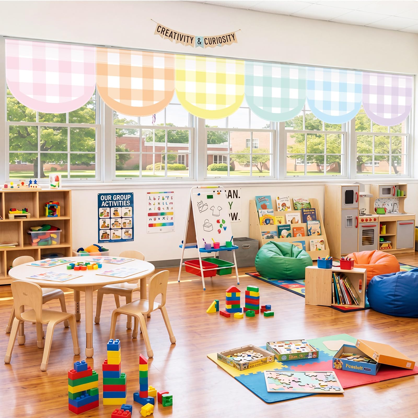 Photo 1 of Frienda Pastel Gingham Classroom Curtains - 6 Pcs