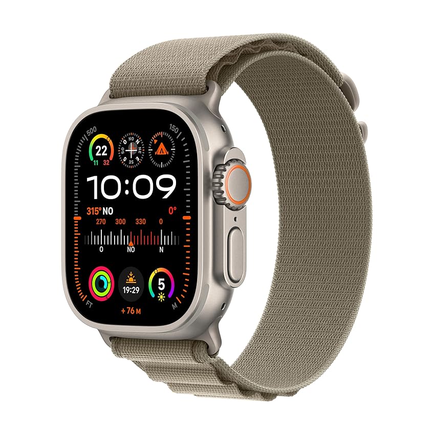 Immagine del prodotto Apple Watch Ultra 2 GPS + Cellular 49mm Smartwatch con robusta cassa in titanio e Alpine Loop oliva - Large. Fitness tracker, GPS di precisione, tasto Azione, batteria a lunghissima durata