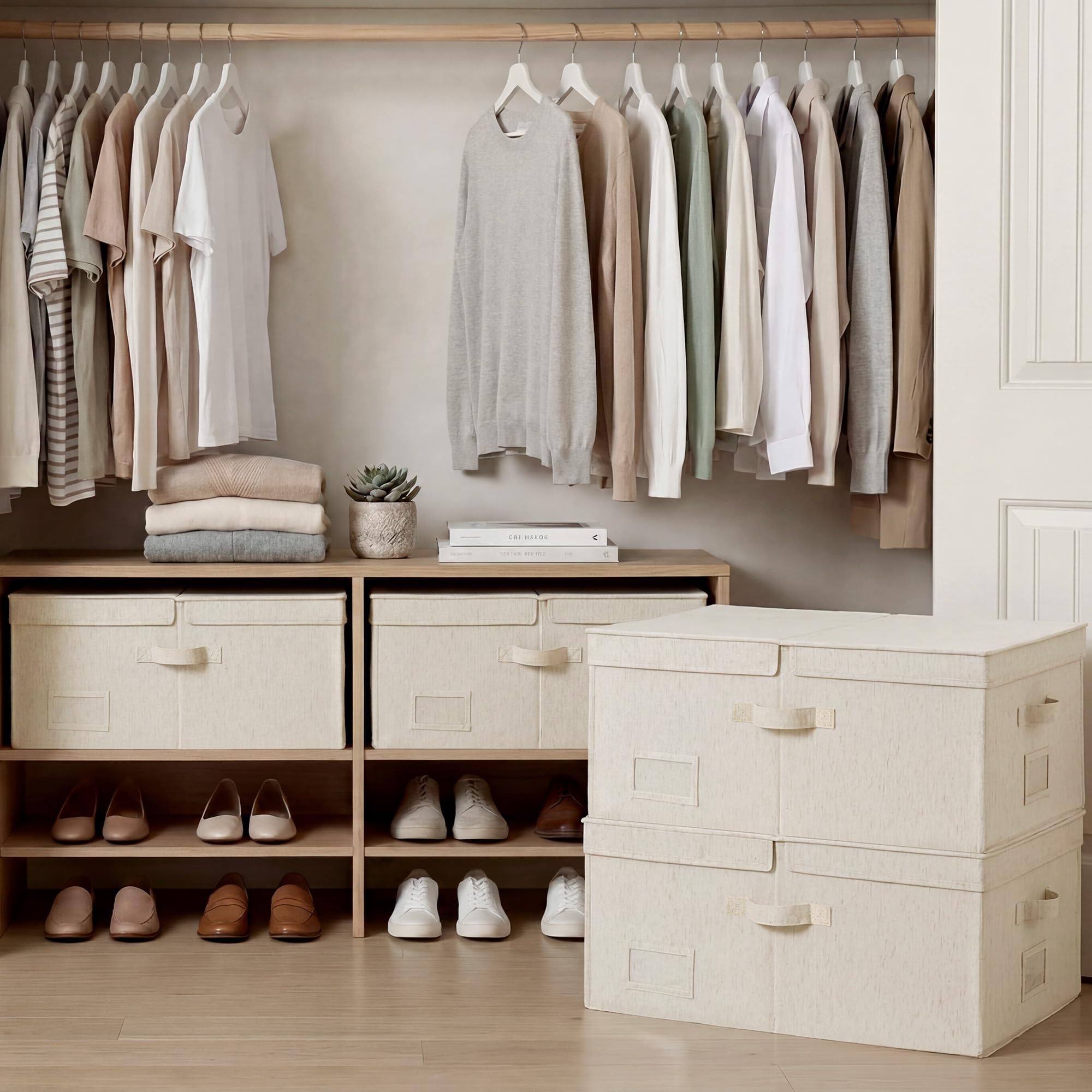 StorageWorks Scomparti extra grandi con coperchi, organizer decorativo da 55 l, con divisorio, scatole in tessuto con manici, beige, confezione da 2