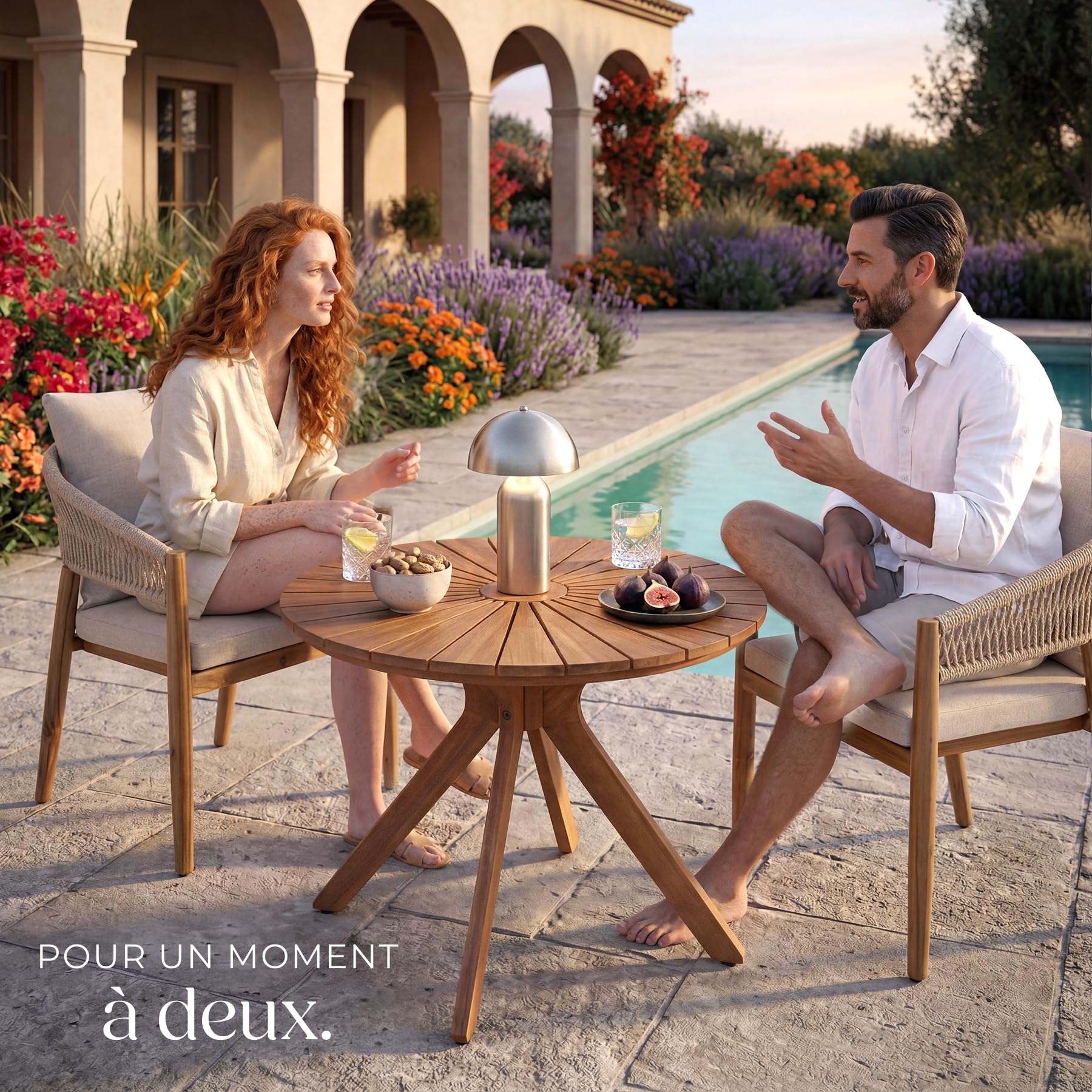 tectake® Table de Jardin Ronde Ø70 x 62 cm, Résistante aux intempéries, Table extérieure en Bois d'acacia, Plateau en Forme de Soleil, Piètement en X, Pieds réglables en Hauteur, Mobilier de Jardin