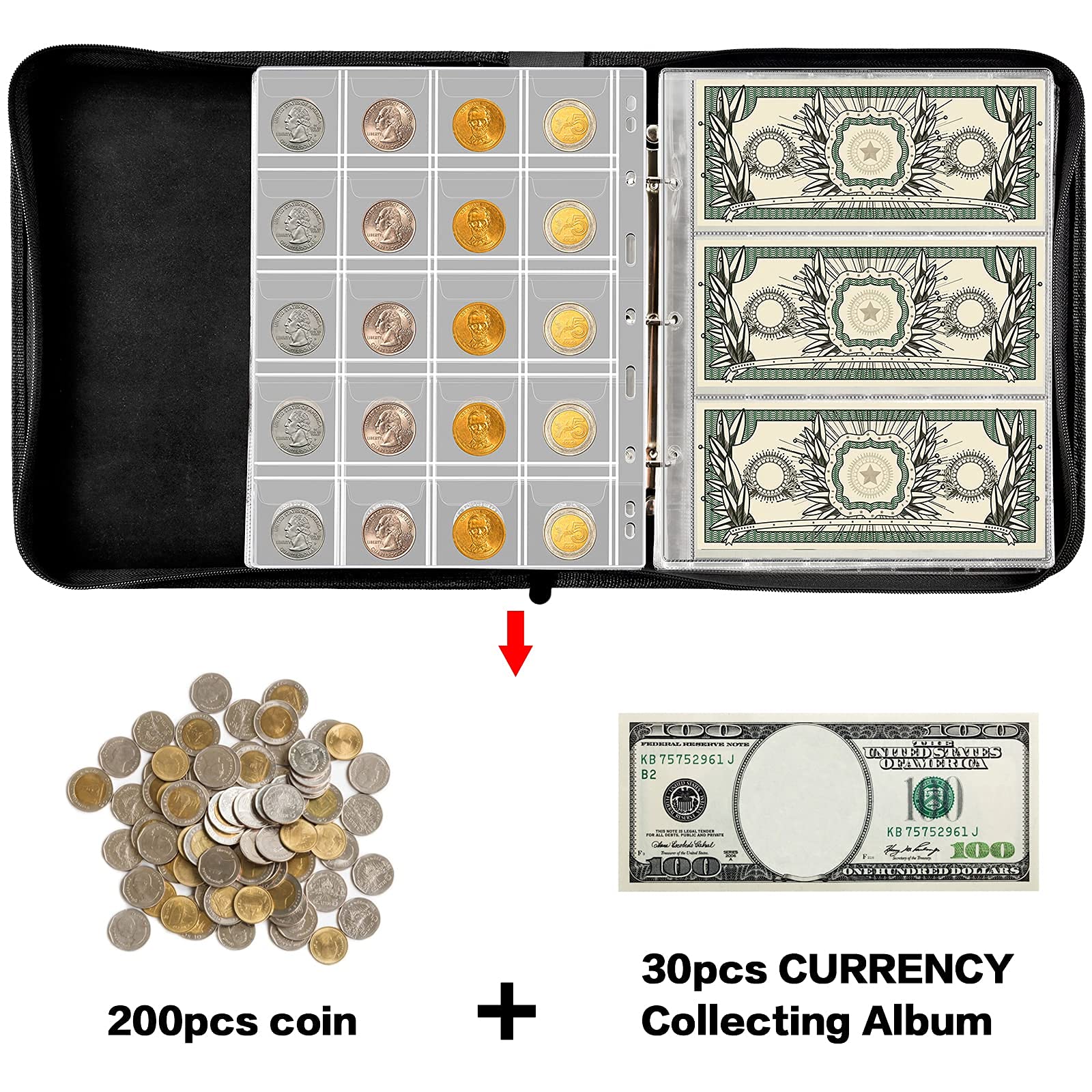 Coin Collection Book Holder for Collectors, 200 Pockets Collecting Album & 30 Sleeves Paper Money Display Storage Case for Currency Collection Supplies (200 coins+30 paper money binder)