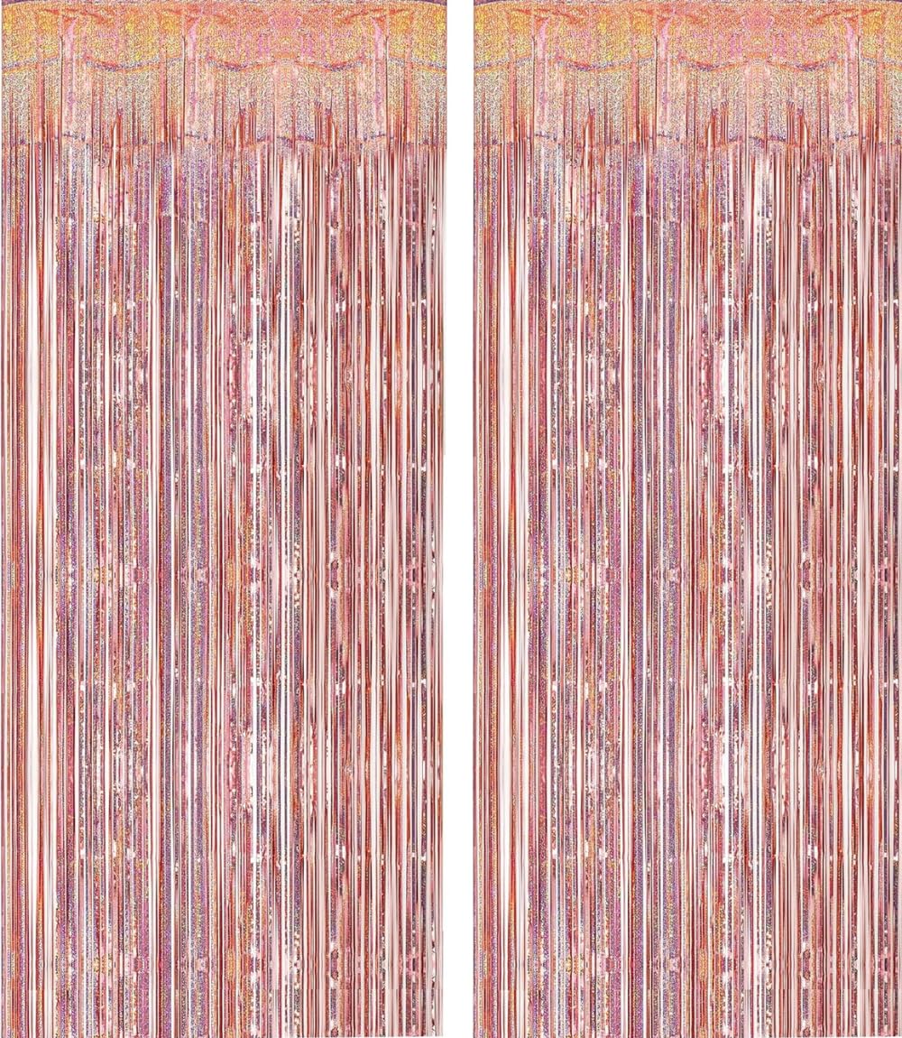 Montegoni 2pcs 3.3ft x 8.2ft Glitter Rosa Gold Tinsel Curtains, Foil Fringe Streamers for Party Decor - New Year, Birthday, Baby Shower, Wedding, Holiday Backdrop Decoration โ image 1