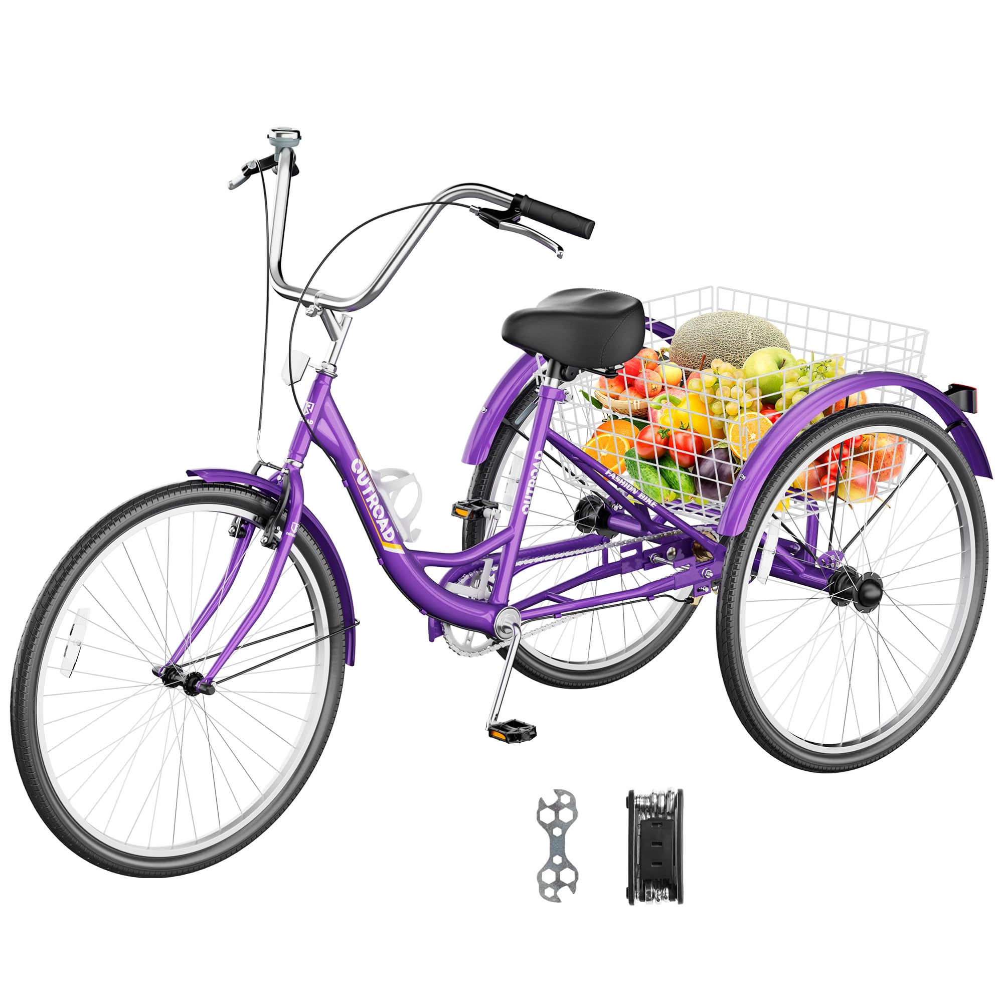 Max4out Adult Tricycle with Large Basket 24/26 Inch, Stable 3 Wheel Cruise Bicycle for Shopping, Beach and City Trike Perfect for Men, Women, Seniors（Blue/Purple/Red）