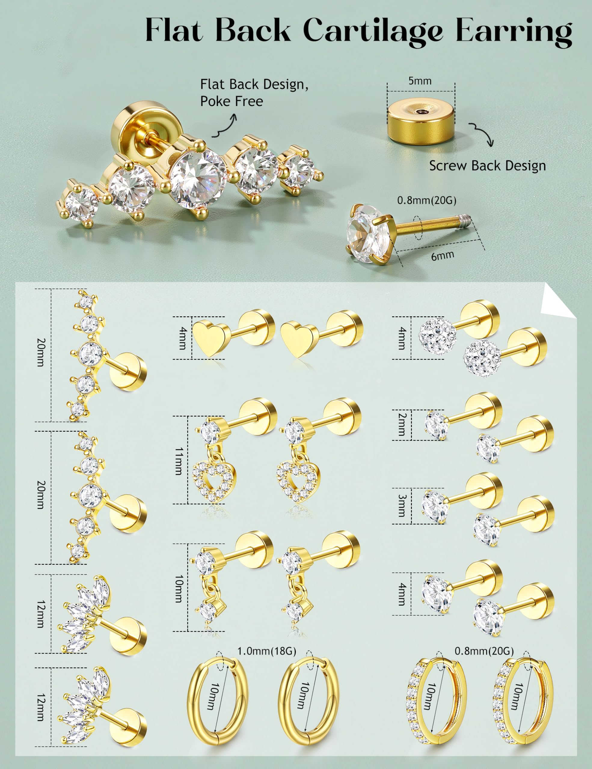 11 Paar Tragus-Piercing-Schmuck, chirurgischer Stahl, hypoallergen, Flache Rückseite, Ohrringe für Damen, Silber/Gold, Huggie-Creolen, Tragus-Ohrstecker, Labret, Daith Rook Conch,