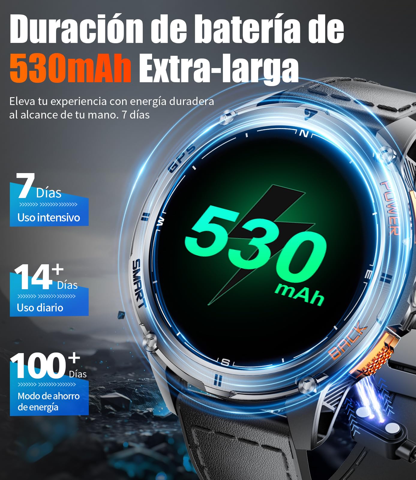 FOXBOX DM4 GPS Reloj Inteligente Hombre, 1.43" AMOLED Smartwatch con LED Linterna para Android iOS, 6 Localización por Satélite, IP68, Llamadas, 200+ Watch Face,170+ Deportes, Correa de Cuero Negro