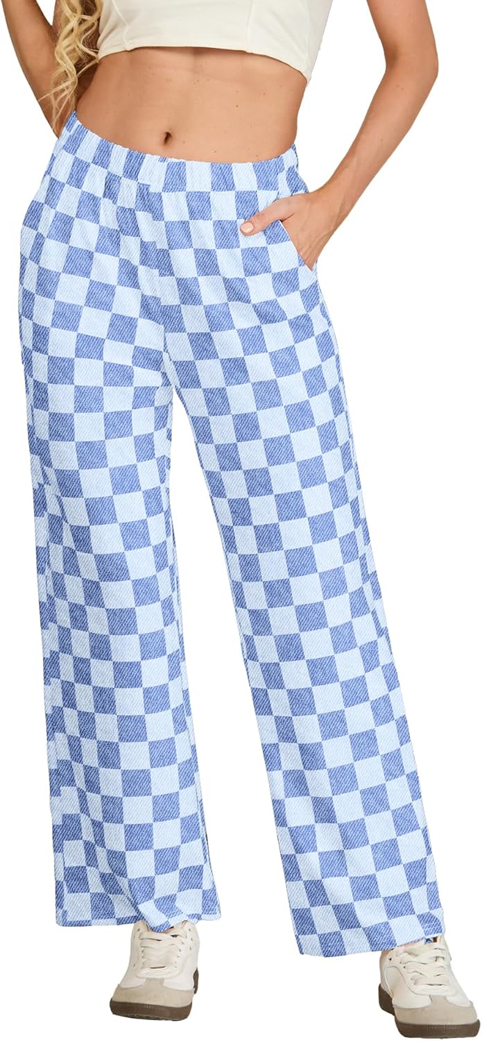 IWOLLENCE Women's Casual Loose Checkered Wide Leg Pants High Waist Straight Lounge Y2K Gingham Trousers - Image 2