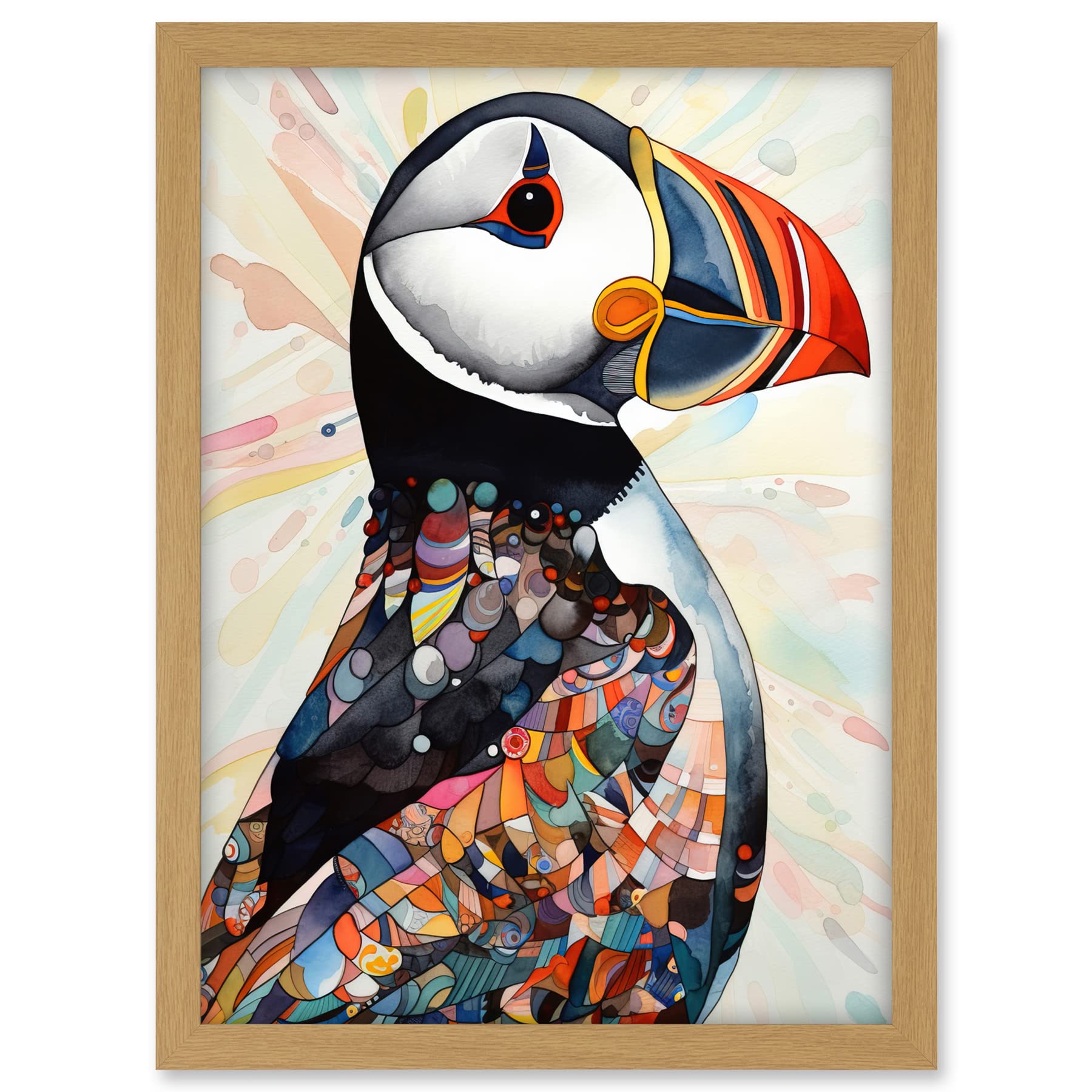Artery8 Multicolour Pattern Feather Puffin Bird Folk Art Artwork Framed A3 Wall Art Print