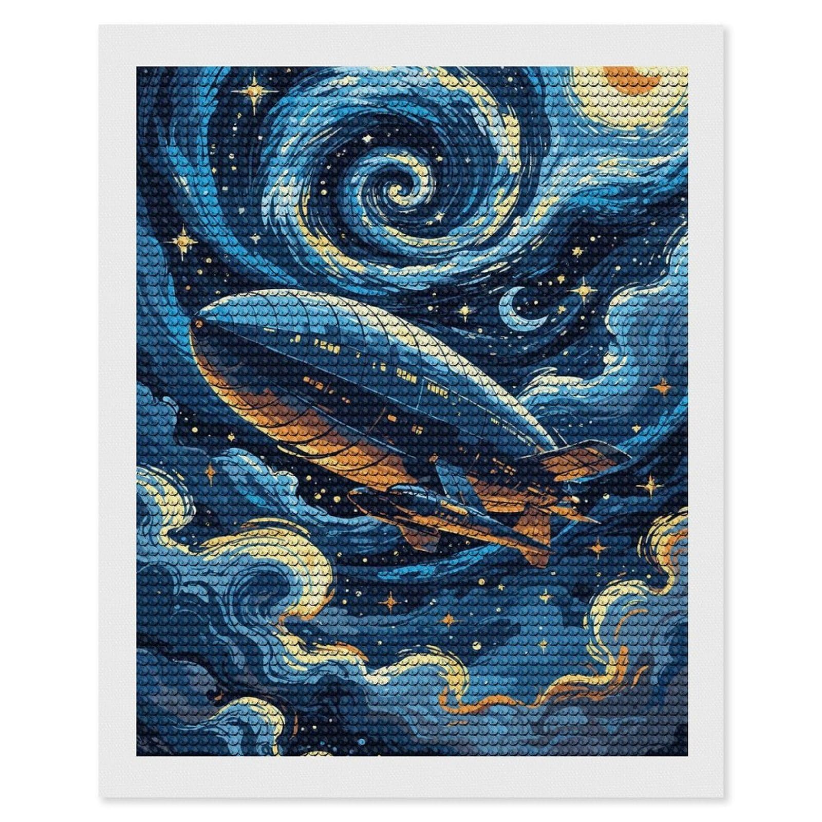 Junmoney Airship in Starry Night Sky 5D Diamond Painting Kit 16"x20", Relaxing DIY, Mindful Craft Project, Full Kit Included, Thoughtful Present