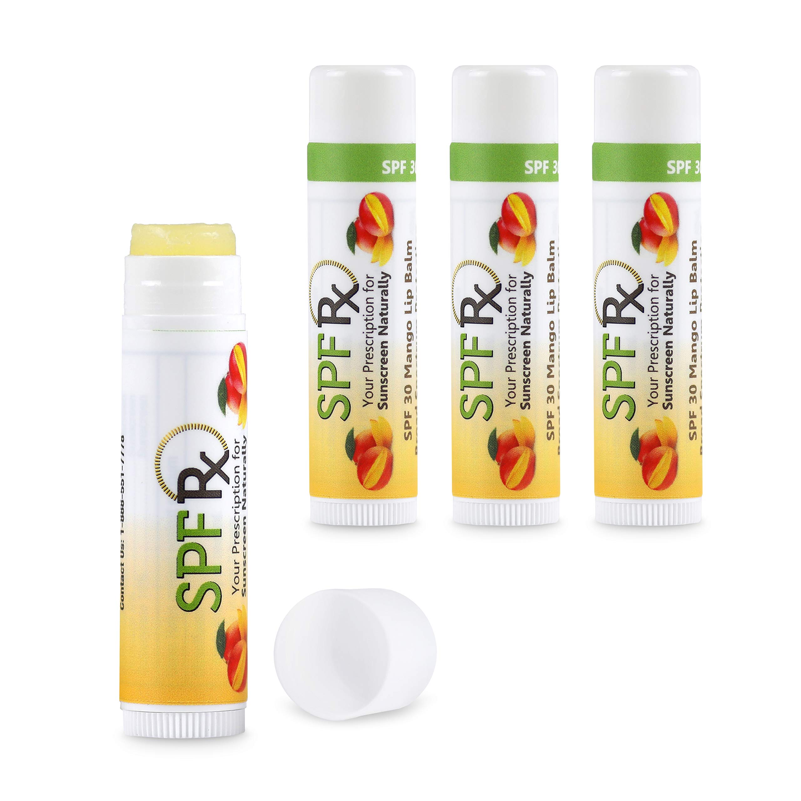 SPF Rx, SPF 30 Mango Sunscreen Lip Balm Broad Spectrum Protection, Rapid Relief for Dry Chapped Lips, Superior Protection Against UVA & UVB Rays - 0.15 oz, (4 Pack)