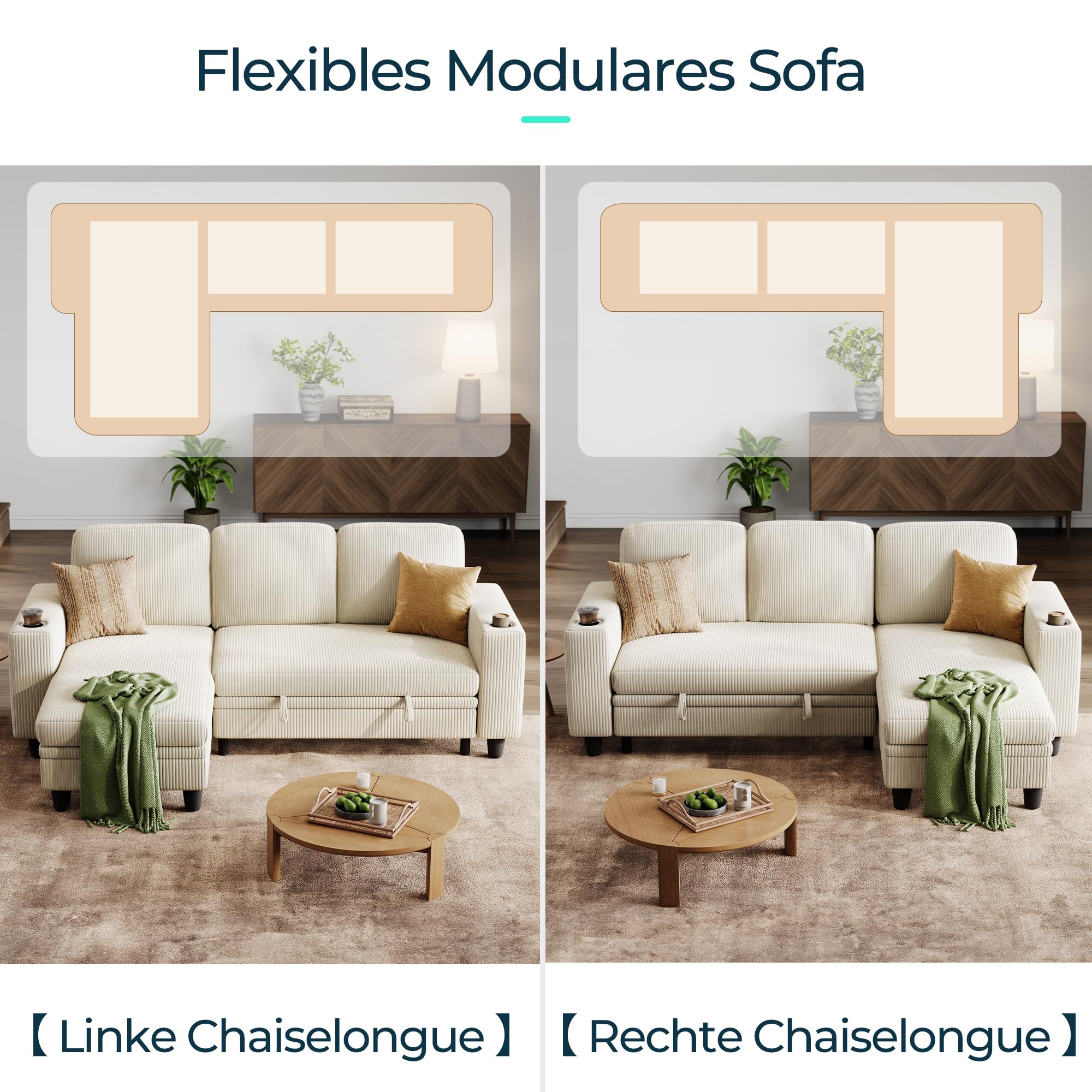 LINSY HOME Schlafsofa Ausziehbarer Couch, Ecksofa mit Schlaffunktion, Stauraum, Cord-Bezug L-Form Modulare Sofas mit Chaiselongue für Wohnzimmer und Wohnungen (Beige, L-Form)