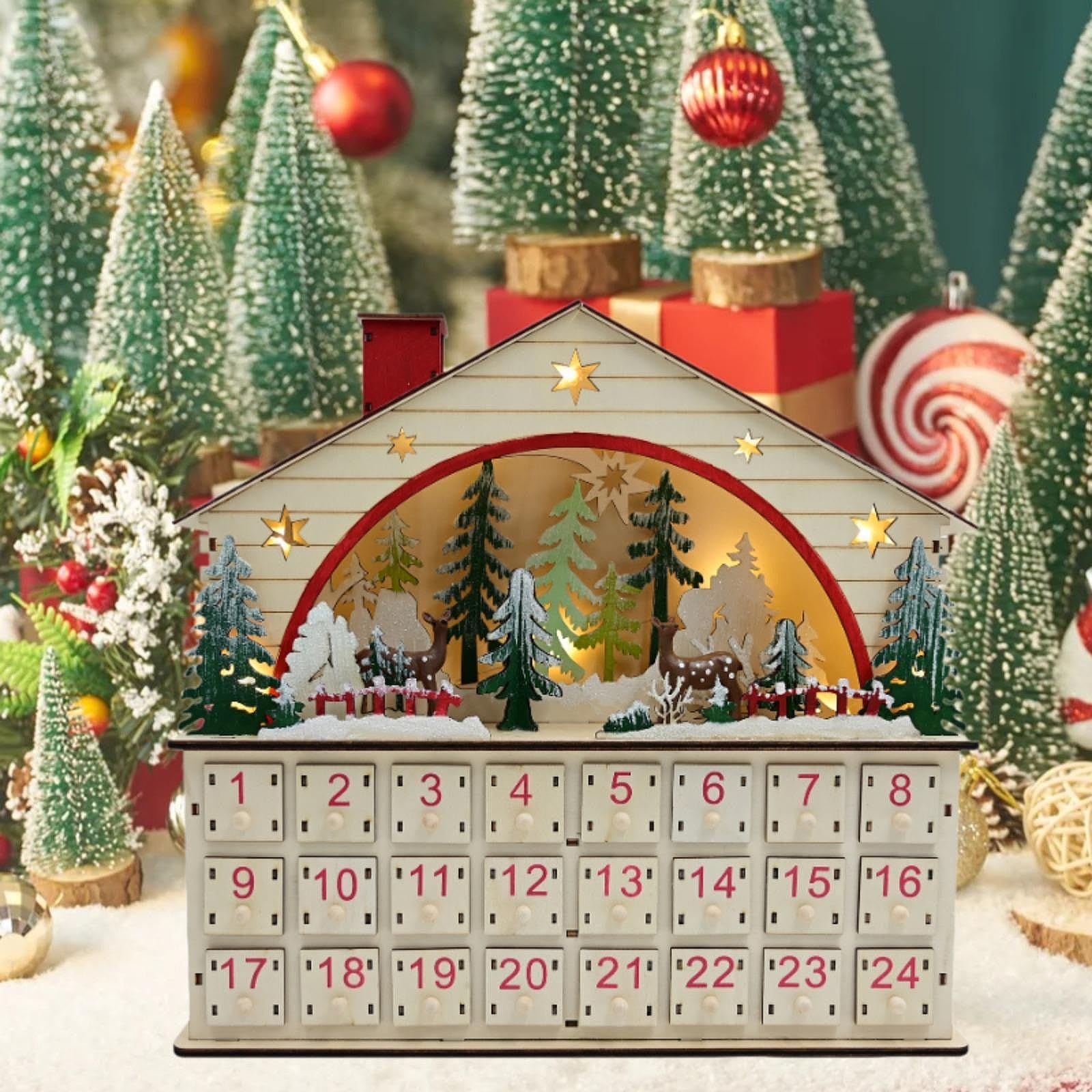 Weihnachtlicher Adventskalender aus, hausförmig, mit Beleuchtung für Wohnzimmer