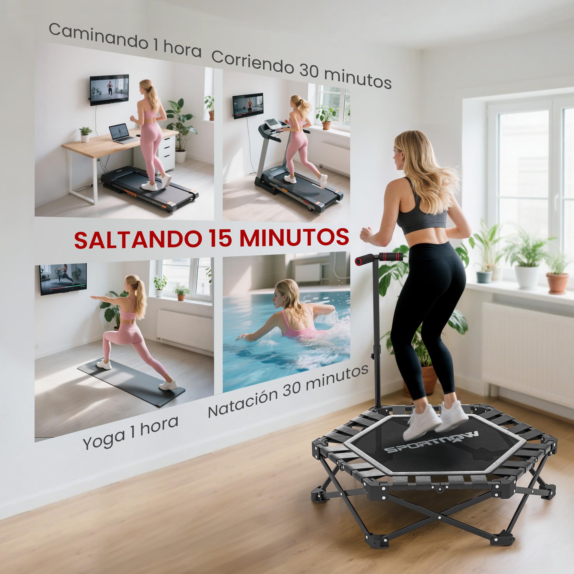 SPORTNOW Trampolín de Fitness Plegable 104 cm, Mini Cama Elástica con Barra Ajustable en 3 Alturas, Silencioso, Marco Metálico Reforzado y Bolsa de Transporte, para Entrenamiento en Hogar, Gimnasio