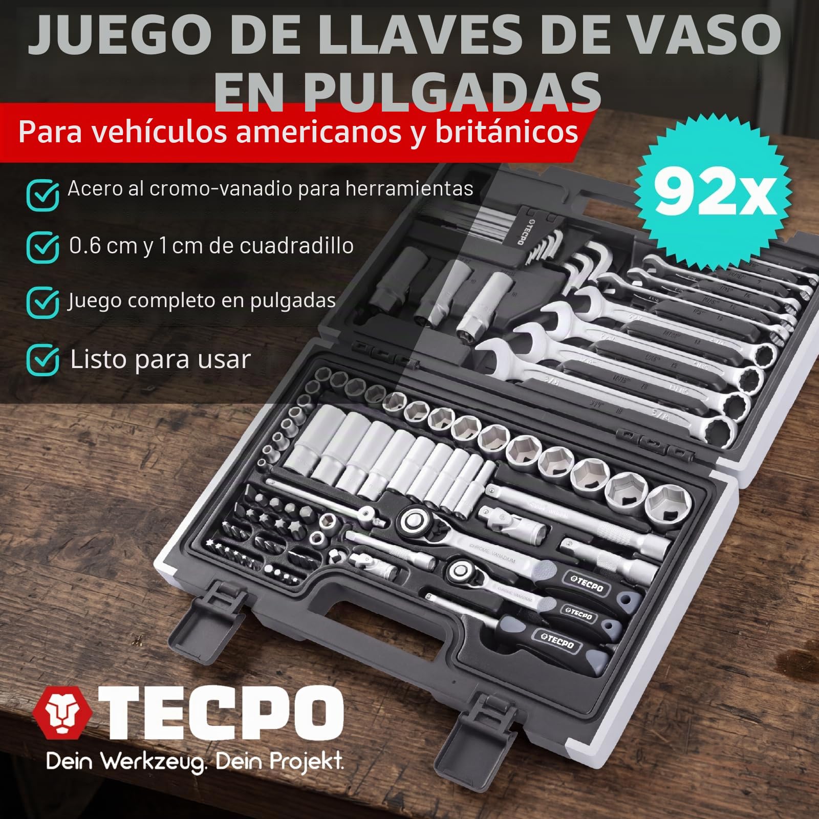 TECPO Juego de llaves de vaso Harley de pulgadas, tamaños de tuerca, caja de carraca, caja de carraca