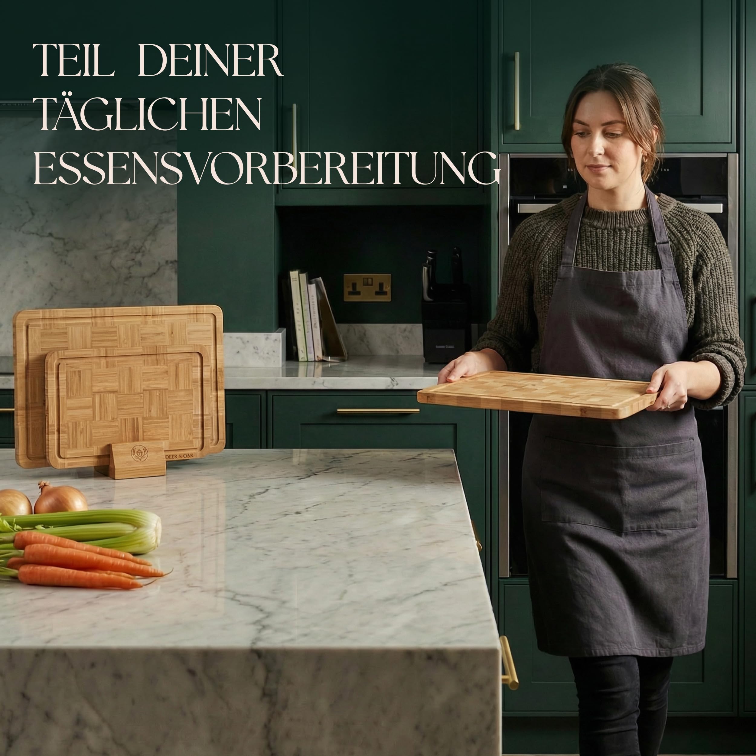 Deer & Oak 3-teiliges Schneidebrett-Set aus karbonisiertem Endkorn-Bambus mit Ständer, vorgeöltes Holz-Schneidebrett-Set, Korbgeflecht-Design, langlebige Metzgerblock-Schneidebretter