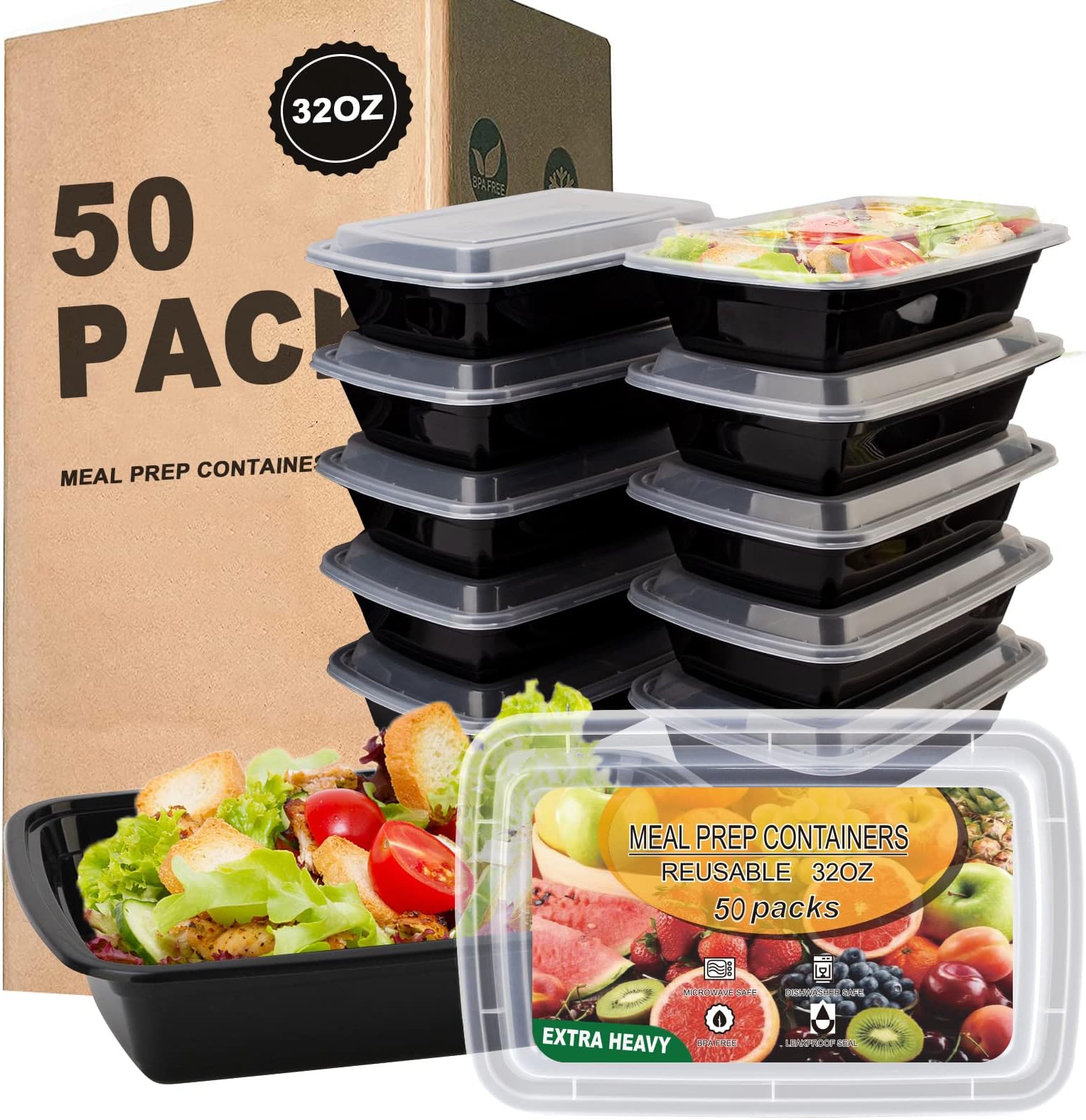 Ezalia 50 Pack- Meal Prep Containers 32oz, Plastic Food Prep Containers Reusable, Leakproof To Go Food Containers with Lids, BPA-Free, Microwave/Dishwasher/Freezer Safe