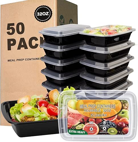 50 Pack- Meal Prep Containers 32oz, Plastic Food Prep Containers