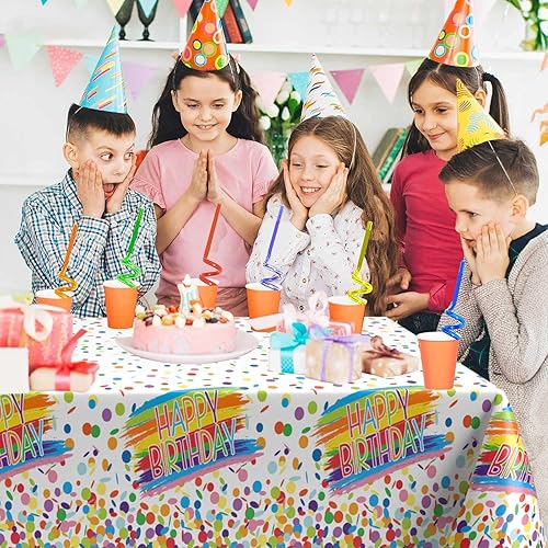 Miniatura 5 de Colorido mantel de feliz cumpleaños, mantel de confeti con puntos de chispas de confeti, mantel de plástico desechable para niños y adultos, 54 x