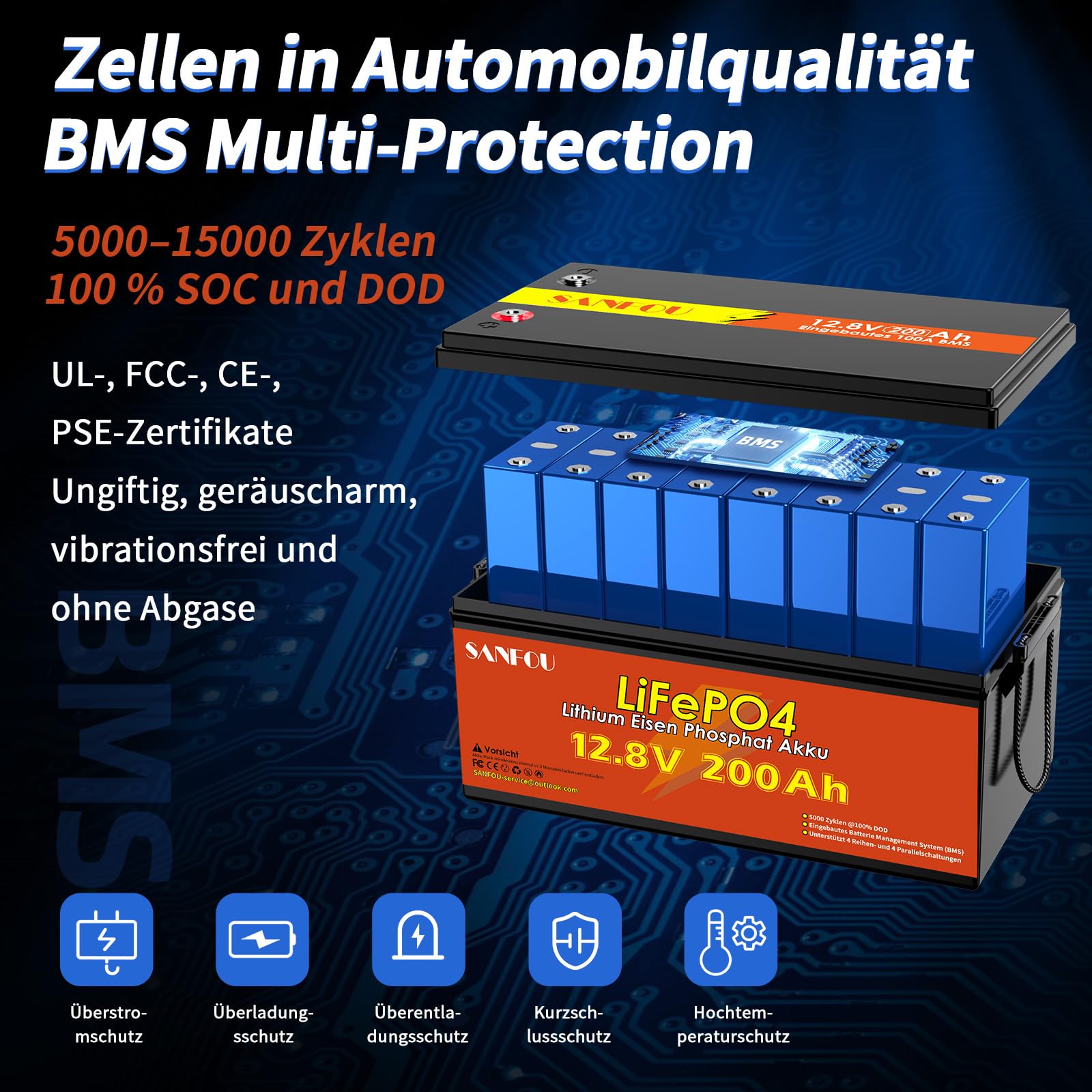 12V 200Ah LiFePO4 Batterie, 2560Wh Lithium Akku mit 100A BMS, 5000-15000 Mal Deep Cycle Batterien, Unterstützung 4S4P, perfekt als Stromquelle für Wohnmobile Camping
