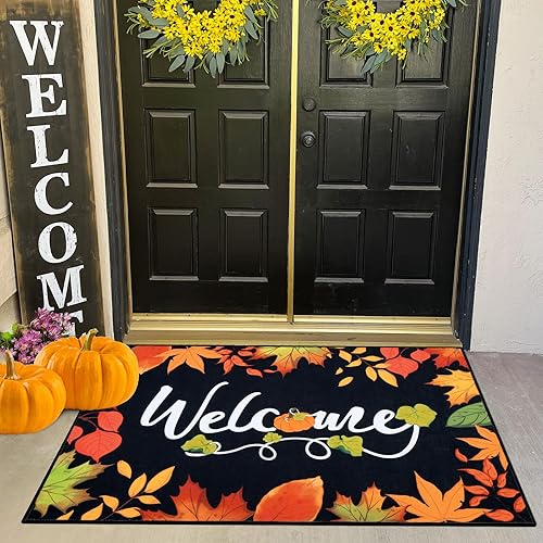 Miniatura 8 de Ileading Alfombra de Puerta Otoño 32"x48", Alfombra de Bienvenida "Hello Pumpkin", Alfombras Lavables Antideslizantes para Puerta Principal,