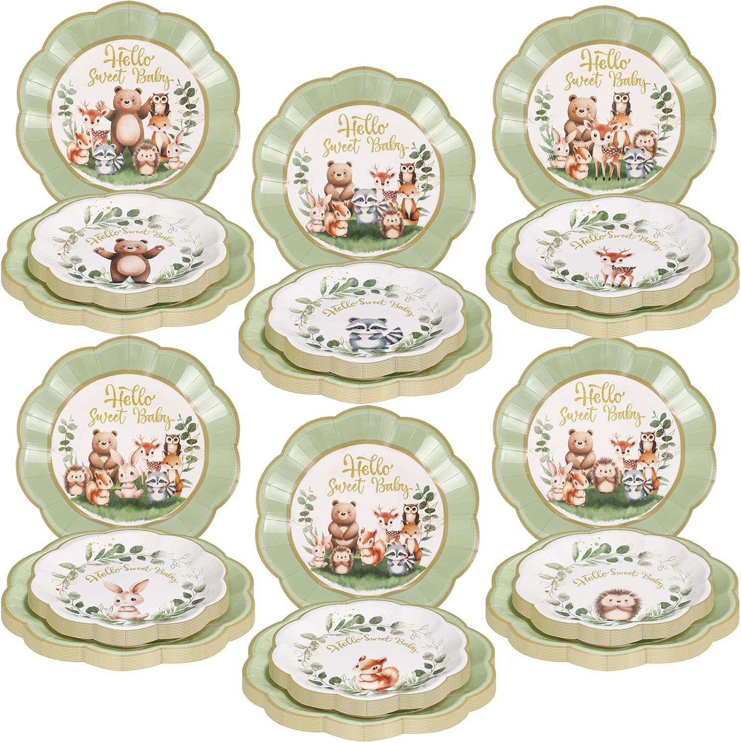 Zhehao 120 Pcs Woodland Baby Shower Plates Party Supplies 9 Inch and 7 Inch Animals Theme Disposable Paper Dinner Plates for Birthday Baby Shower Party Decorations Boy Girl Gender Reveal Decorations