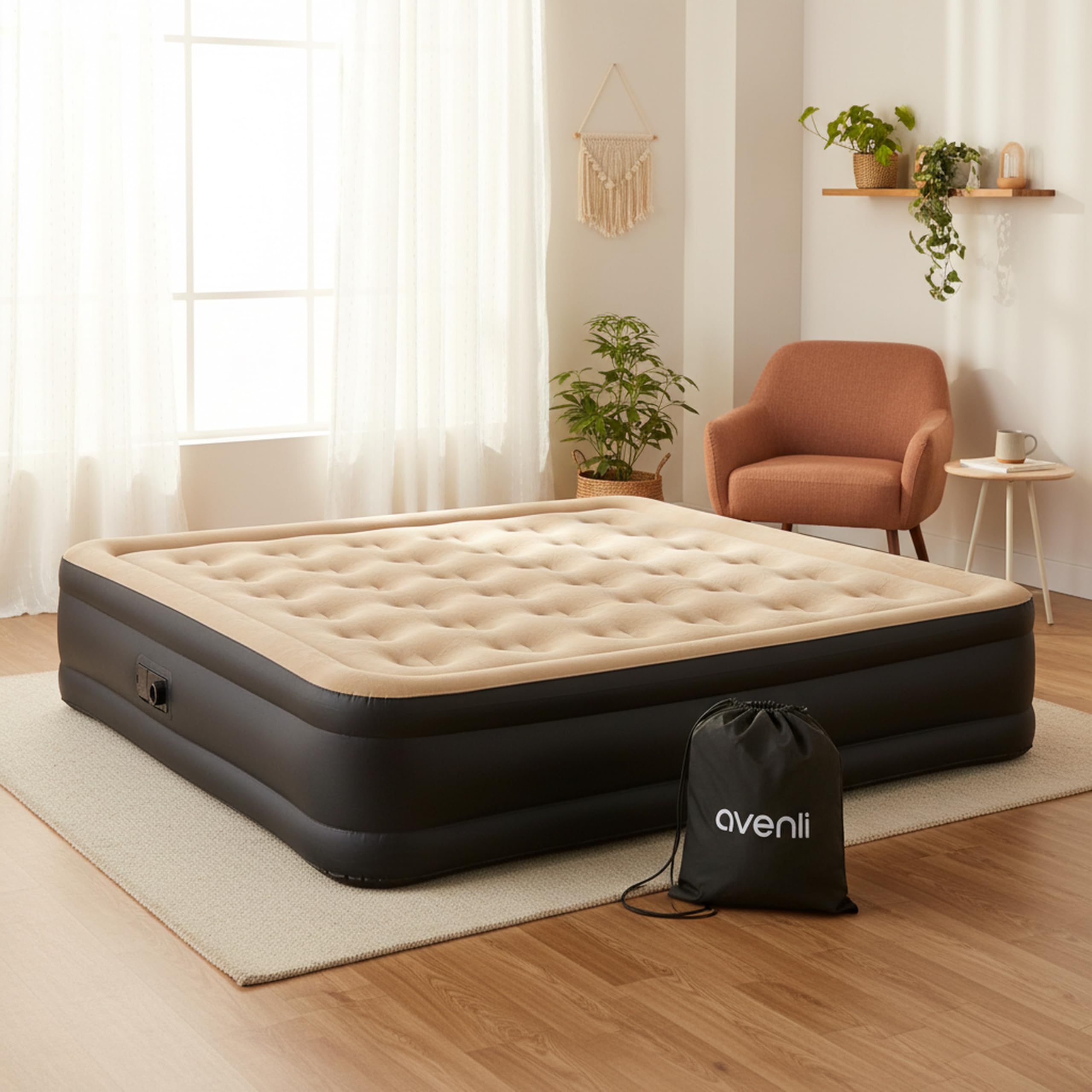 AVENLI Matelas Gonflable Lit Electrique Autogonflant 2 Personnes 203x152x46cm Lit D'appoint Avec Pompe Intégrée Hauteur De Couchage Extra élevée Surface Floquée Pour Camping Et Maison