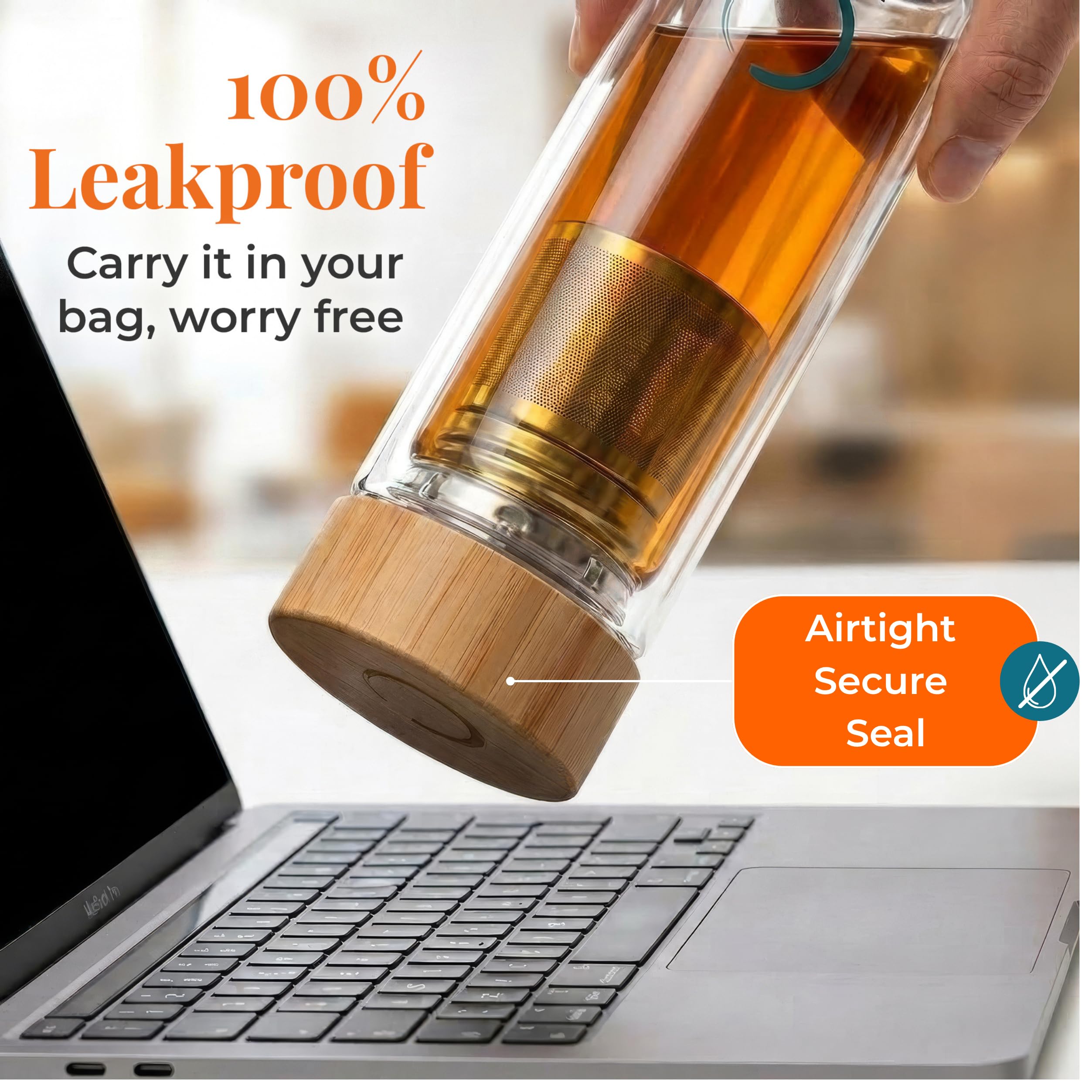 Pure Zen Tea Butelka z zaparzaczem - izolowana szklana butelka do naparów sypkich liści - kubek do herbaty z zaparzaczem - przenośny kubek podróżny do podawania wody - termos z dyfuzorem w podróży