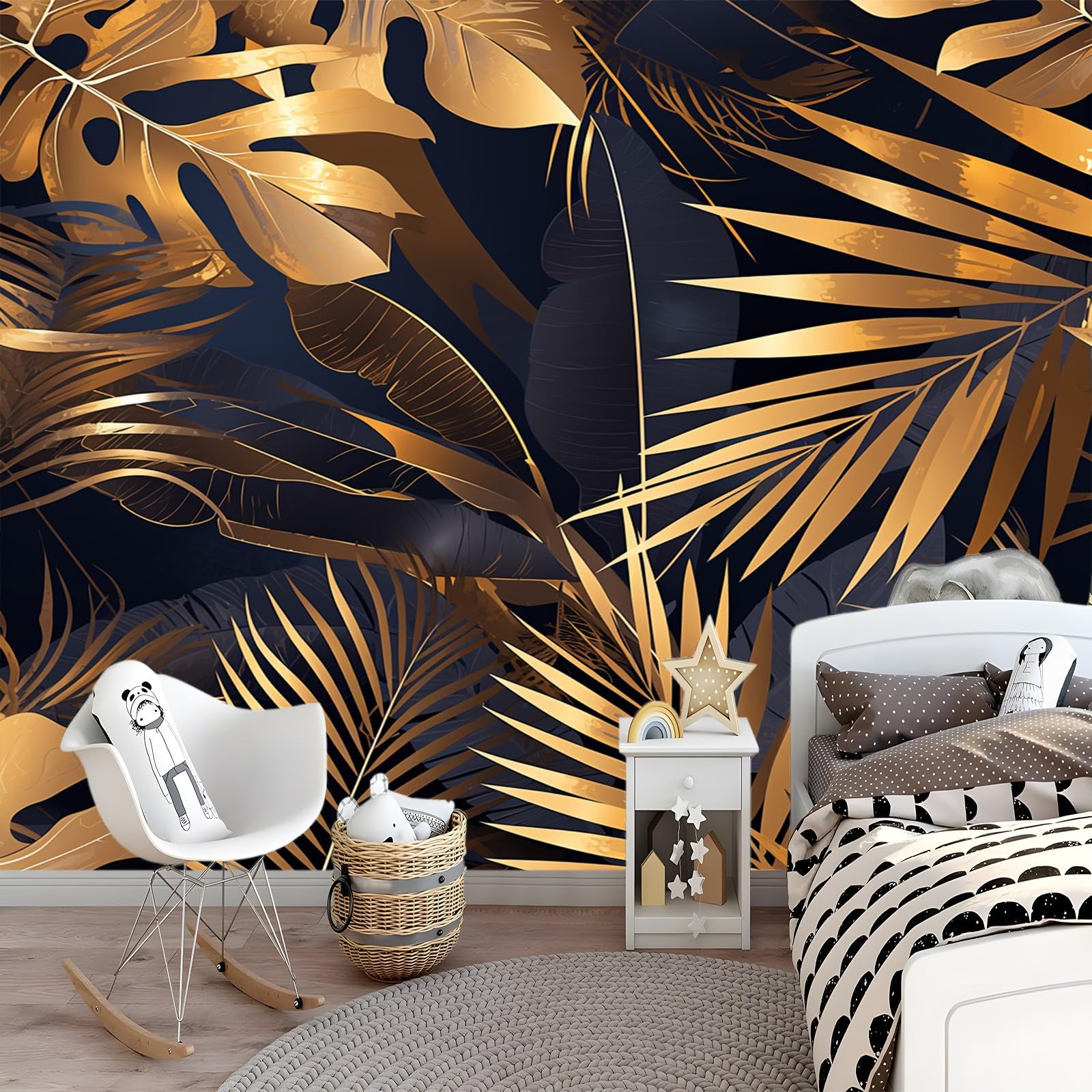 carta da parati Foglie di palma in oro nero cameretta rivestimento parete adesivi per mobili bambini wallpaper for living room bedroom tappezzeria rotoli di adesiva muro fotomurale camera letto