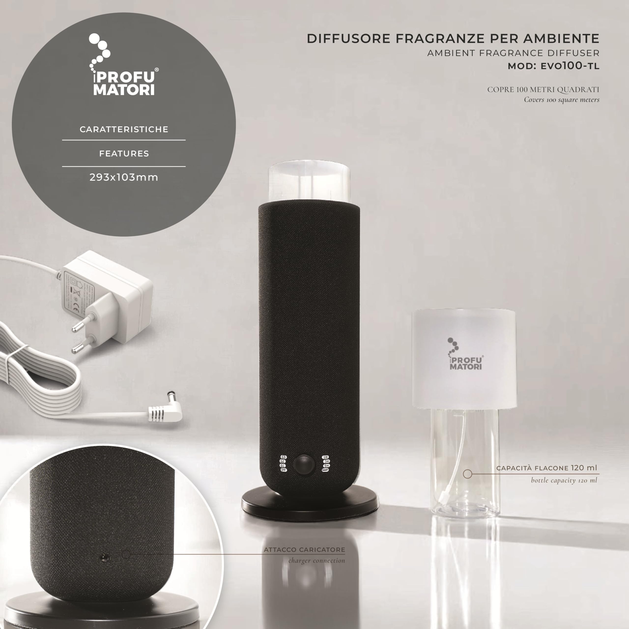 Diffuseur de Parfum d’Ambiance Smart EVO100 TL, Parfum Rosso Divino, nébulisation à Froid, contrôle Bluetooth, Couverture Jusqu’à 100 m², lumière intégrée, 100 ML, Couleur Noire