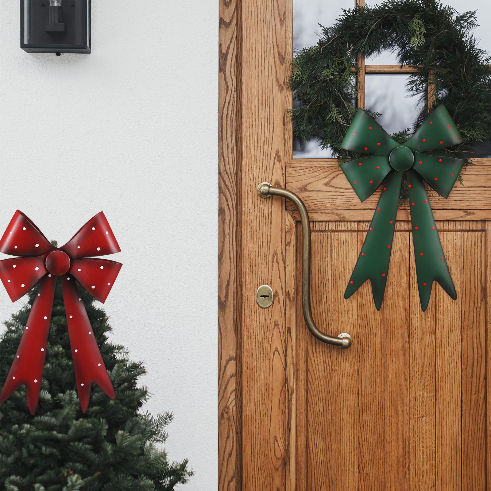 Lot de 3 nœuds de Noël en métal à grands pois - Décoration de sapin de Noël rouge, vert et blanc - Décoration pour guirlande, couronne d'intérieur et d'extérieur
