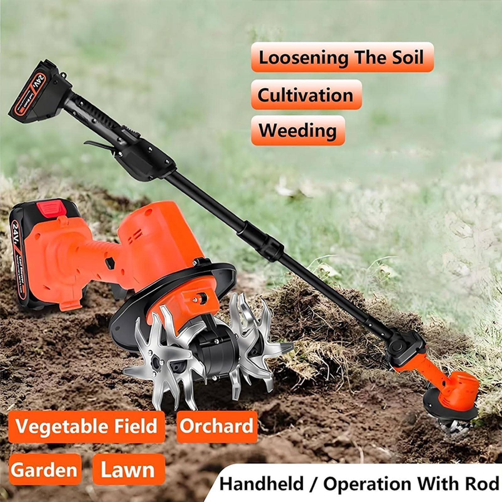 Motoazada Eléctrica Inalámbrica de 21 V, Mini Cultivadora Inalámbrica con Mango de 1,3 M de Largo, 10 Cm de Ancho de Labranza y Profundidad de Trabajo, Mini Cultivadora de Mano para Granj One Battery