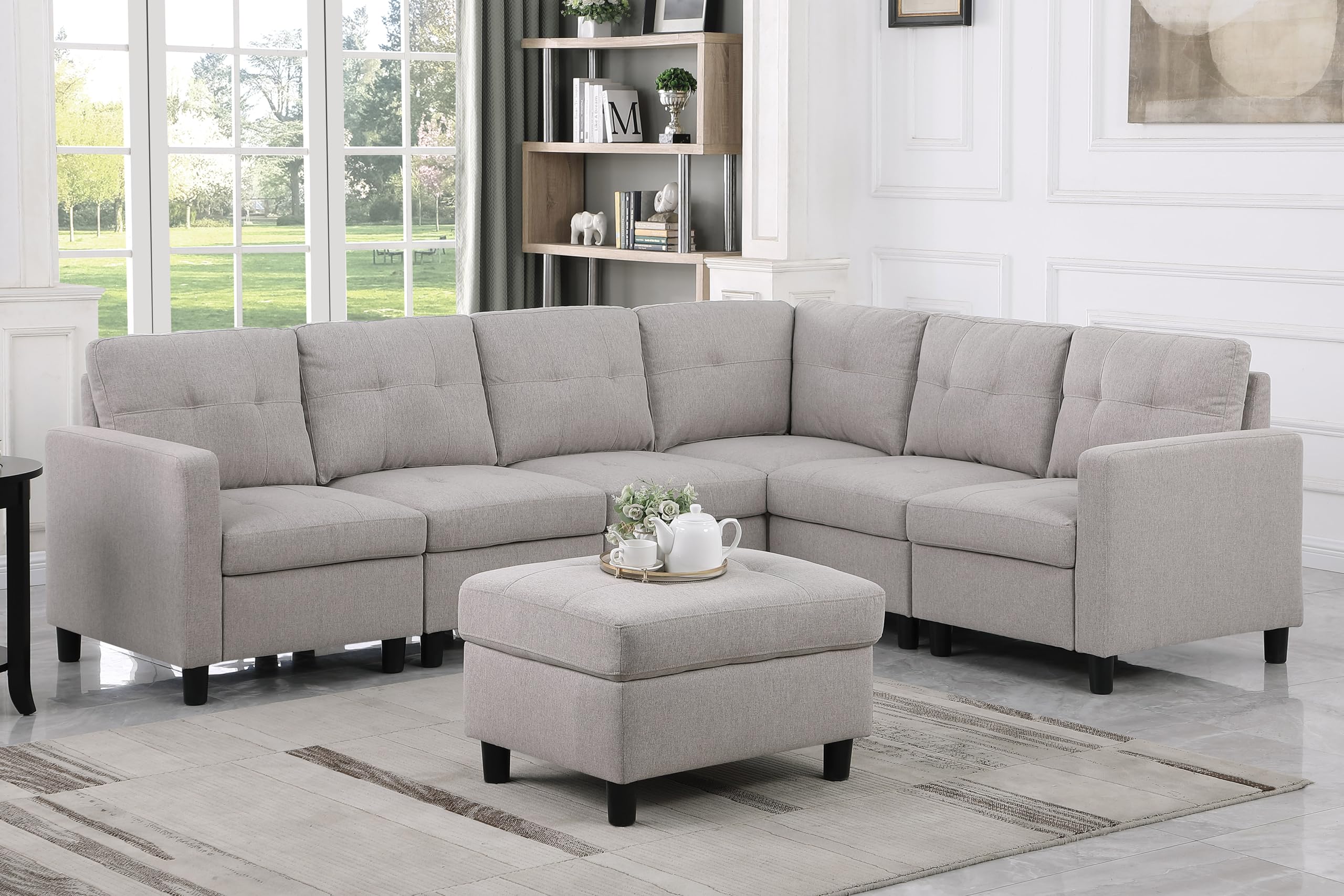 BEEY Modular Sectional Sofa with Ottoman, L Shaped Convertible Sofa 6 Seater Comfy Fabric Corner Sectional Couches with Spring Cushion for Living Room, Bedroom (Khaki Grey)