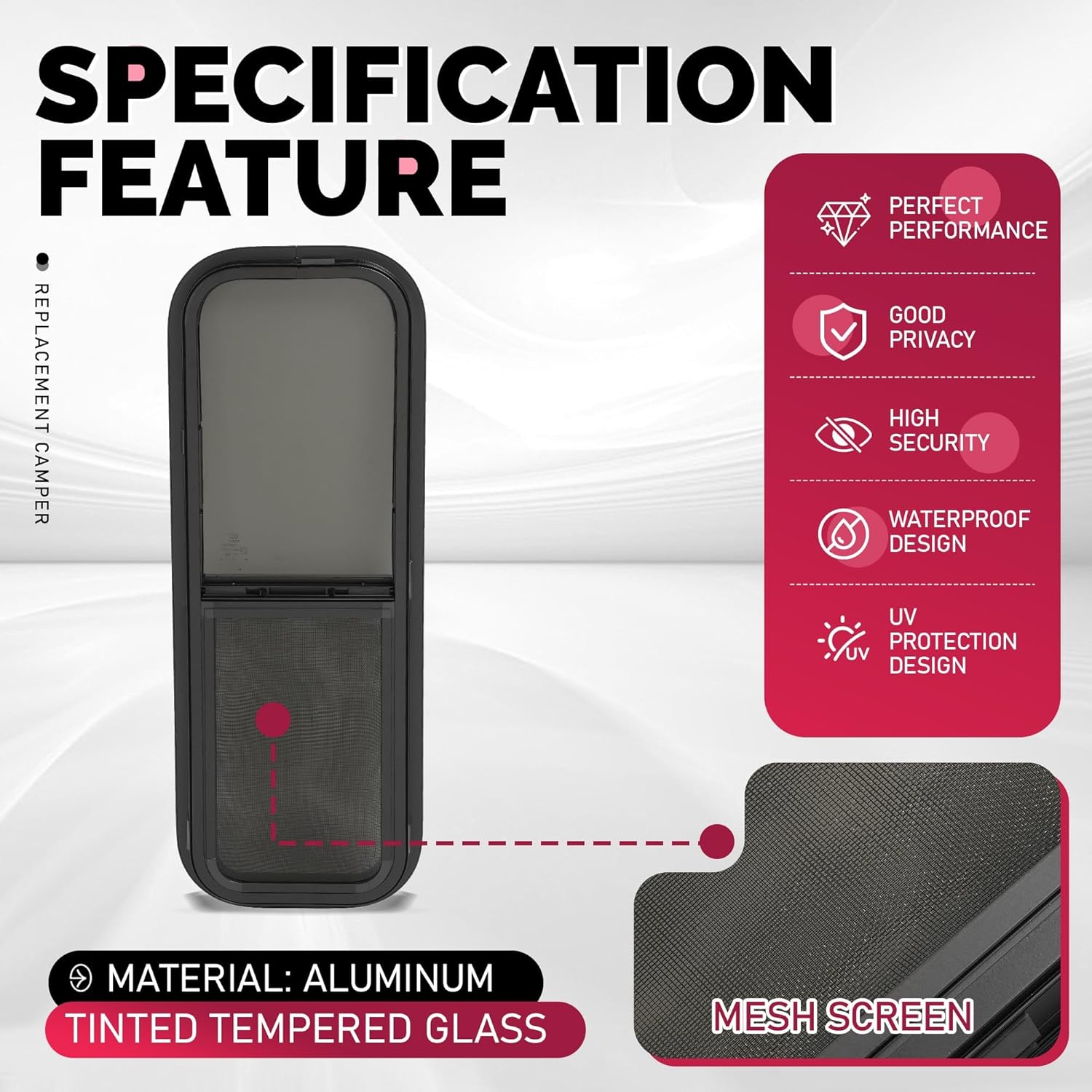 Vertical RV Window 12" W x 36" H RV Sliding Window Replacement with Net Screen and Trim Ring Suitable for 15/16" to 1-3/5" Thick Walls, Camper Window for Trailer Camper Powder Coated