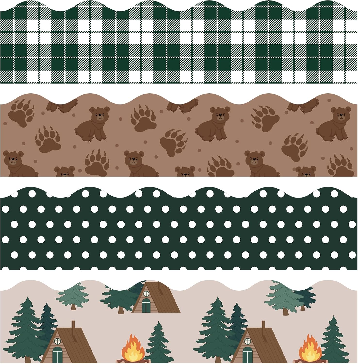 FYSUIMU 60Pcs Camping Hiking Bulletin Board Borders Back to School Border Trim Self Adhesive Plaid Dots Camping Fire Sticker Decals for Home Classroom Party Wall Decor