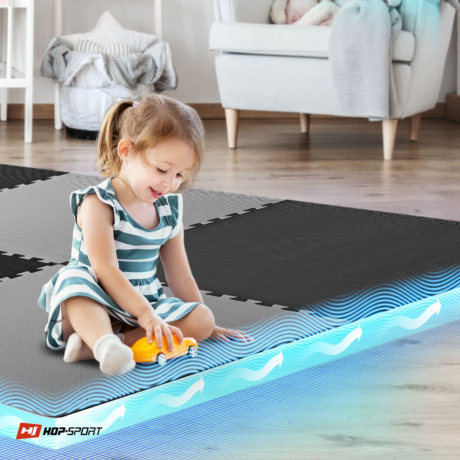 Hop-Sport Puzzlematte 4er, 8er, 12er Set zur Auswahl - Extra Dicke Unterlegmatte für Fitnessgeräte als Rutschfester Bodenschutz - Größe 60 x 60 x 2 cm (schwarz/grau 8 Stück)