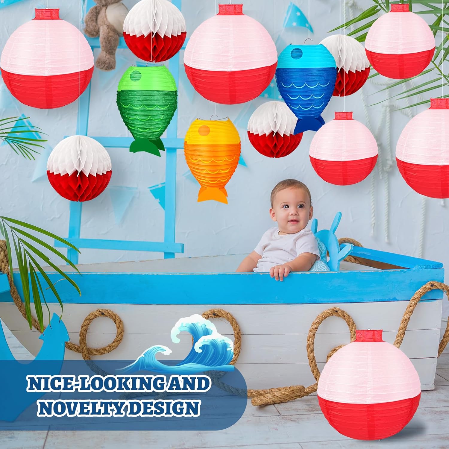 13pcs Fishing Bobber Paper Lanterns Hanging Fish Shaped Lanterns Honeycomb Ball Decorations Red and White Paper Lanterns for Fishing Themed Party Decorations Birthday Decor Supplies.