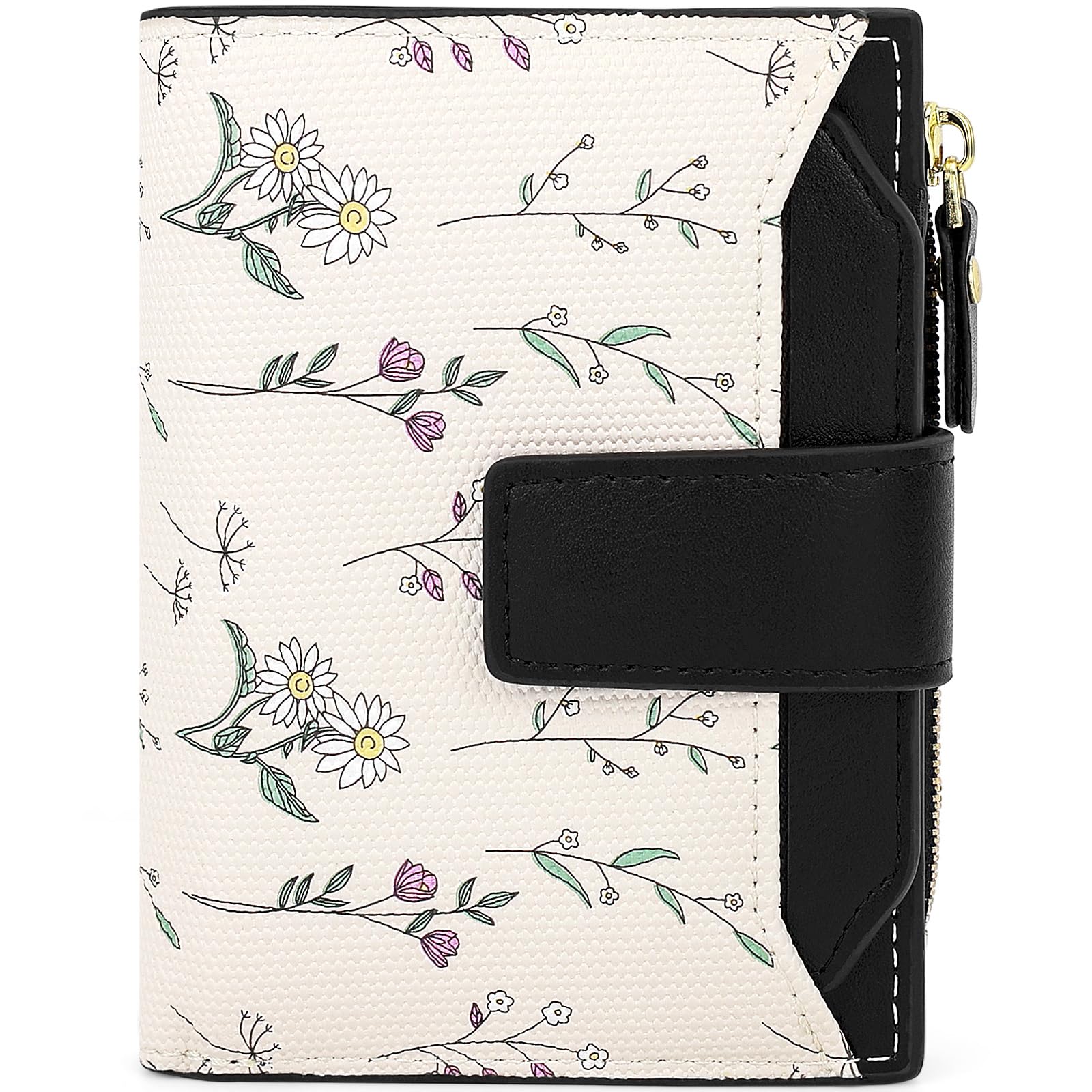 Farcauo Portemonnaie Damen Geldbeutel Frauen Portemonnaie Mini Geldbörsen Klein Damen mit Schwarz Blumen Design für Frauen Klein Portmonee mit Ausweisfach und Kartenhüllen