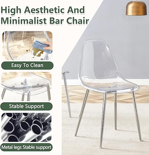 Miniatura 4 de Juego de 6 sillas de comedor de acrílico transparente, sillas laterales modernas sin brazos con asiento transparente, respaldo ergonómico y patas de