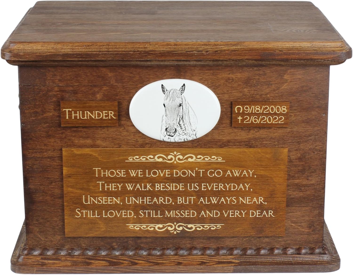 Art-Dog Big Urn for Horse Ashes - Handmade Memorial with Photo - Personalized Custom Horse Urn with Brass Handles and Ceramic Plaque - 15.7x11.8x11” – Camargue Horse