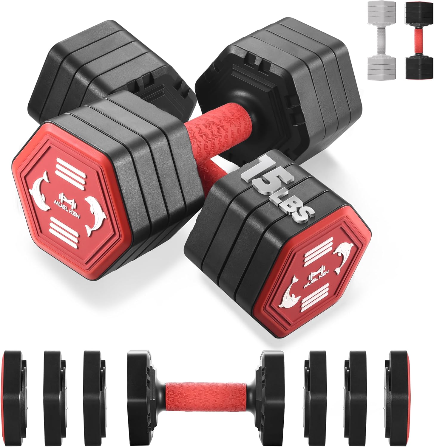 10LB/15LB Adjustable Dumbbells Set of 2, Professional Hex & Octagon Anti-Roll Weights, Fast Adjusting 4-in-1 Hand Weights with Secure Rotating Lock for Men Women Strength Training, Home Gym