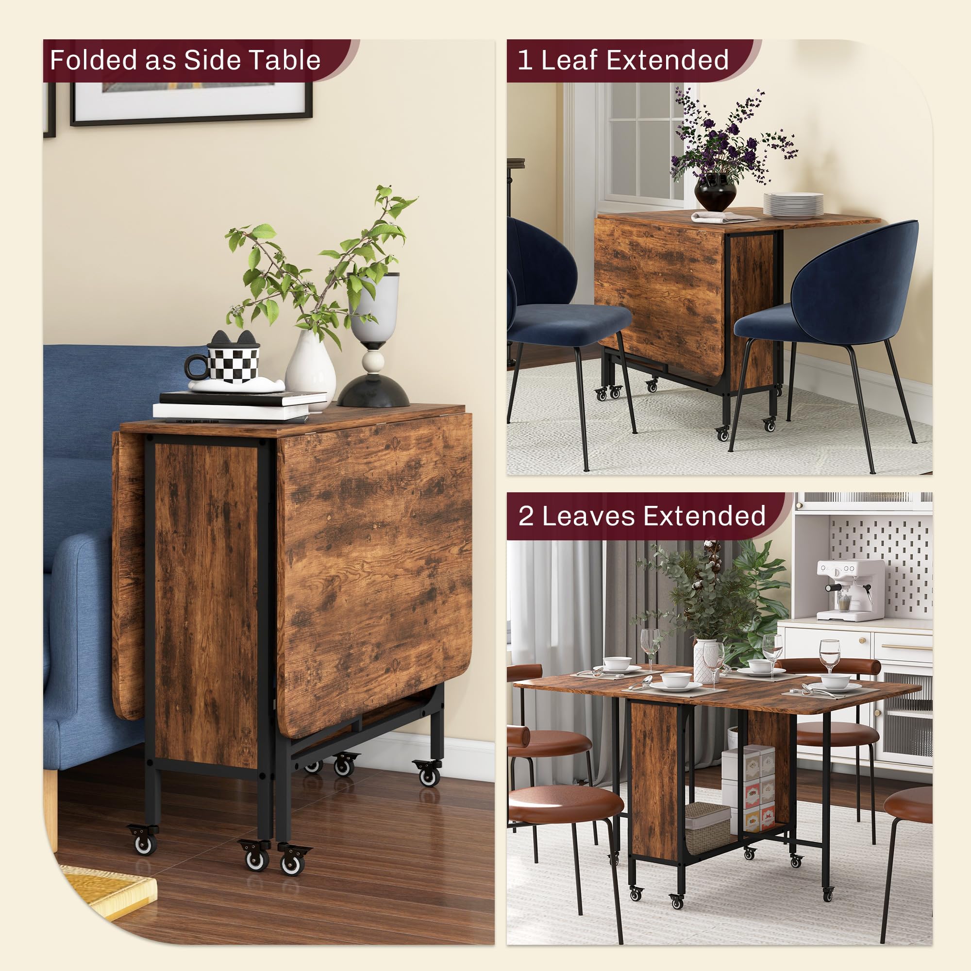 HOMCOM Mobile Drop Leaf Table, Folding Dining Table with 6 Wheels & Storage Shelf for Small Spaces, Kitchen, Dining Room, Rustic Brown - 4