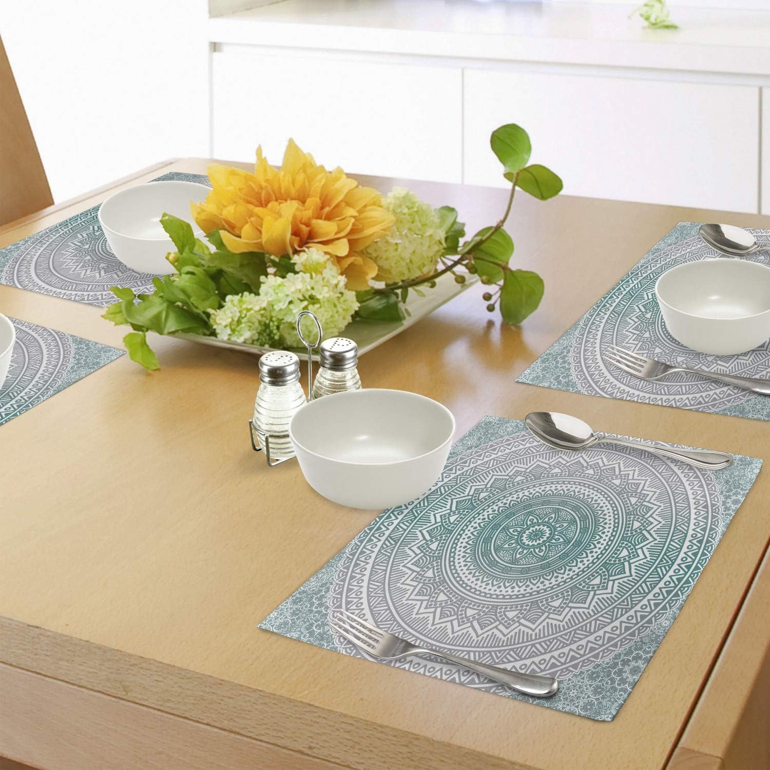 Ambesonne Grey and Teal Place Mats Set of 4, Mandala Ombre Design Space Geometric Center Point Boho Art, Washable Fabric Placemats for Dining Table, Standard Size, Grey Teal
