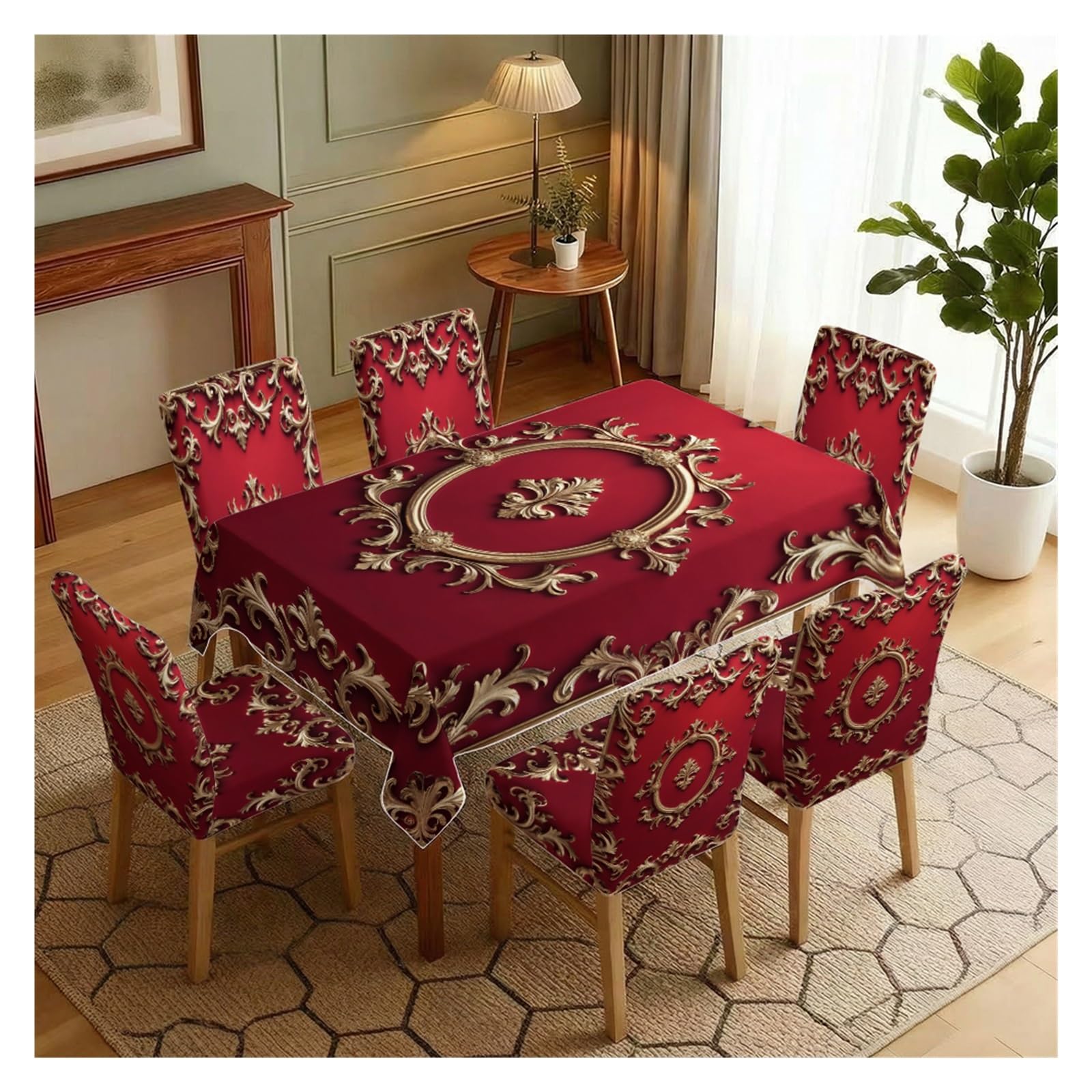 KXUAUV Red Baroque Gold Print Stretch Dining Chair Covers Tablecloth Set, For Kitchen Dining Living Room Luxury Decor, 5/7 Pack Party Decor(7pcs Set: Tablecloth+Chair Covers)