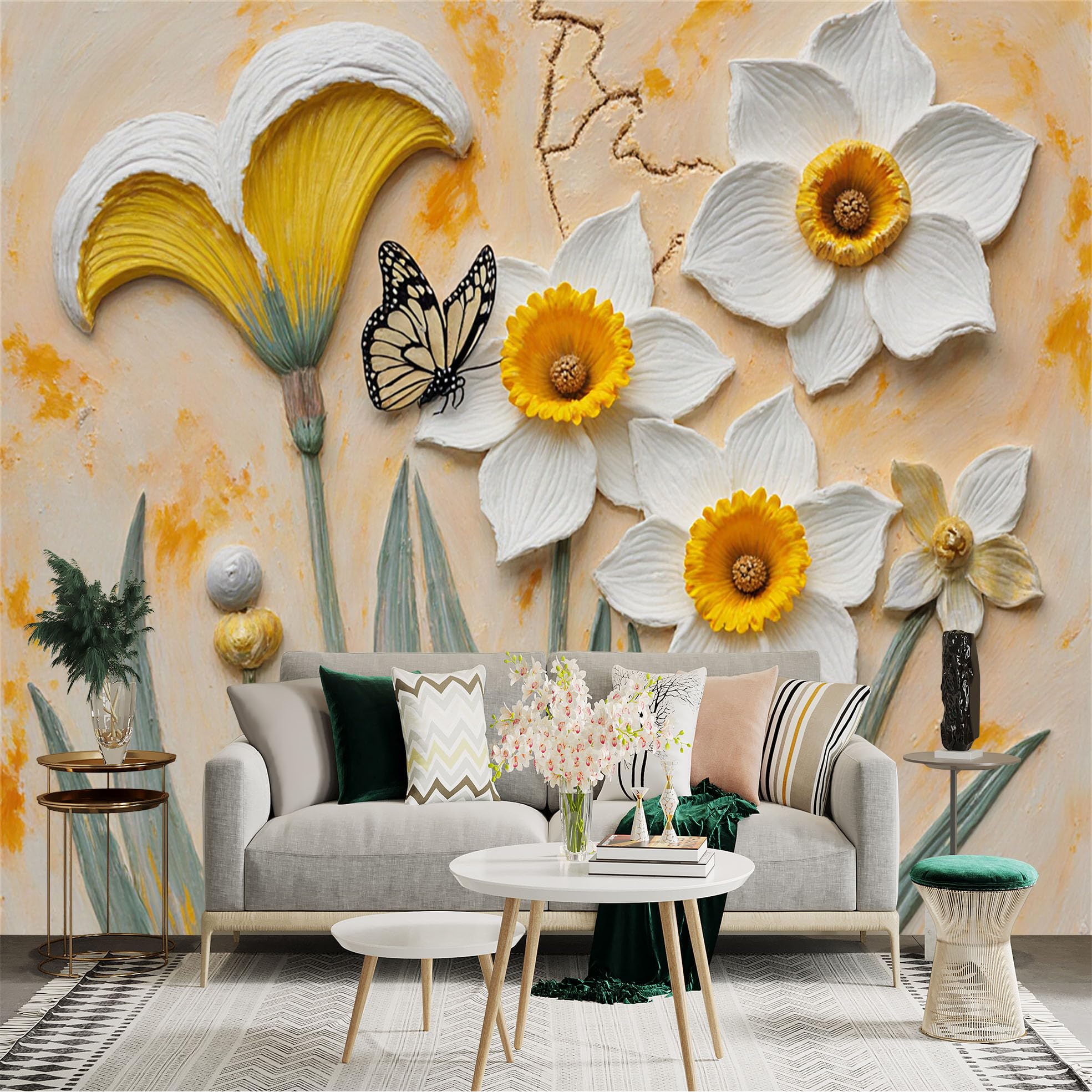 Custom Size Wall Sticker Mural， Textured White Daffodils， Yellow Spring Flowers， Elegant Monarch Butterfly， Botanical Relief Art， for wall Decoration， peelandstick wall Decals.